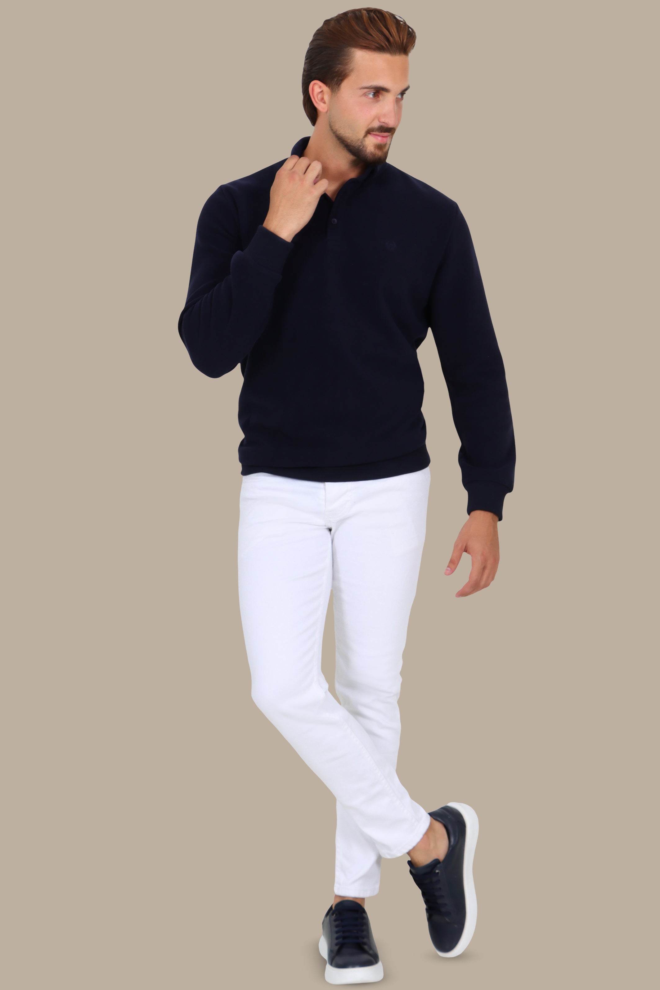 Velvet Button-Down Polo in Navy