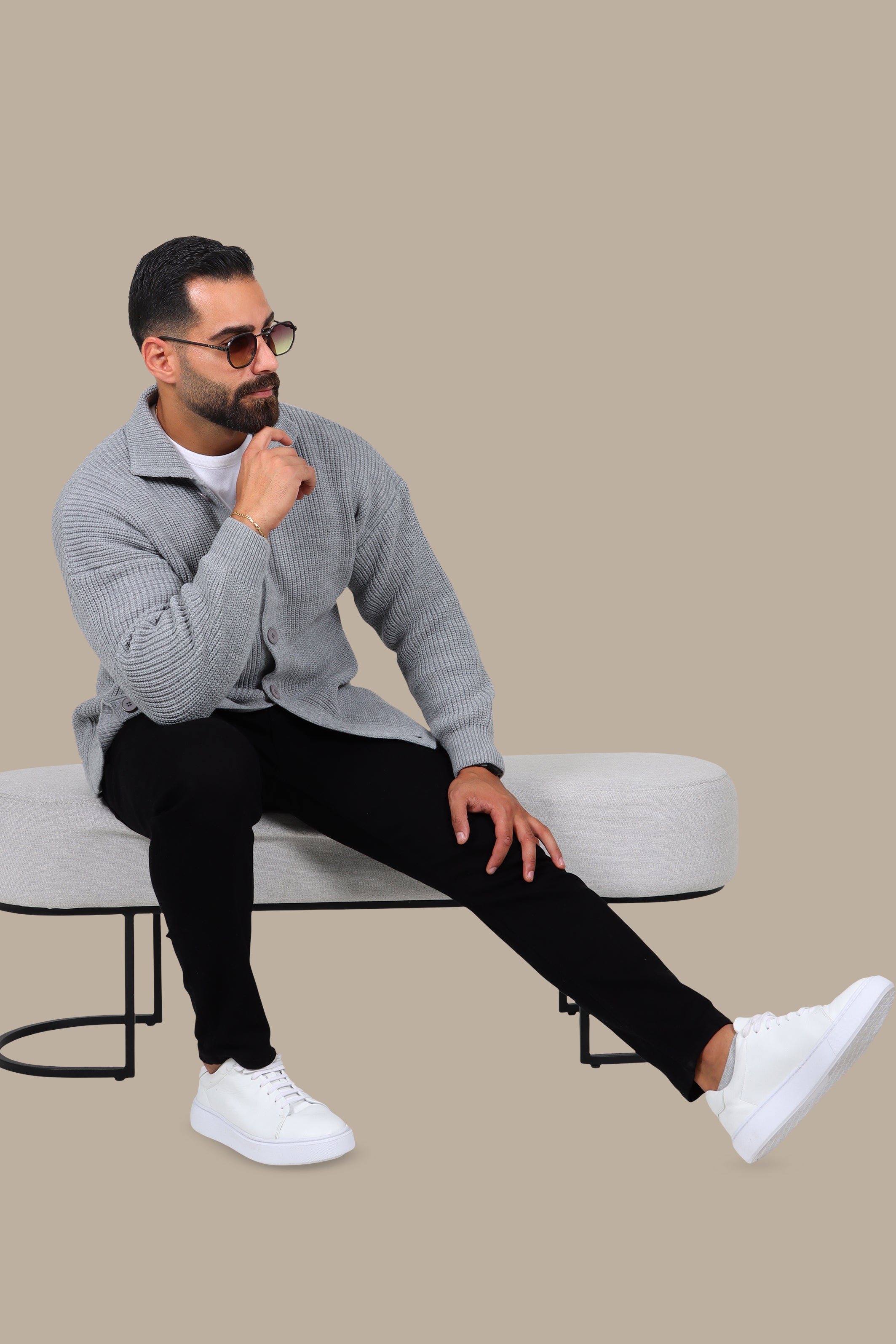 Mercerized Full-Button Cardigan - Grey