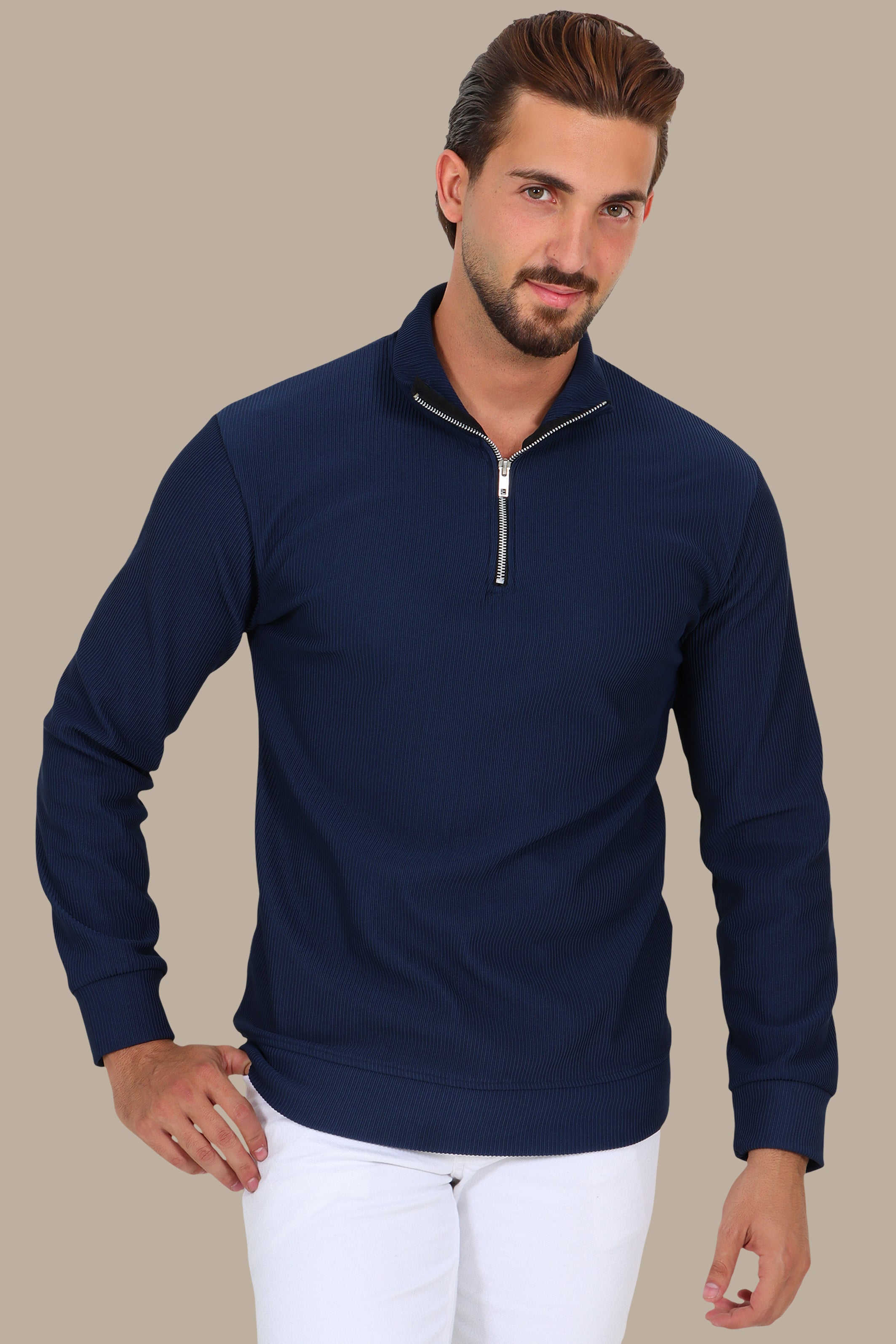 Long Sleeve Ribbed Half Zipper Sweater in Navy