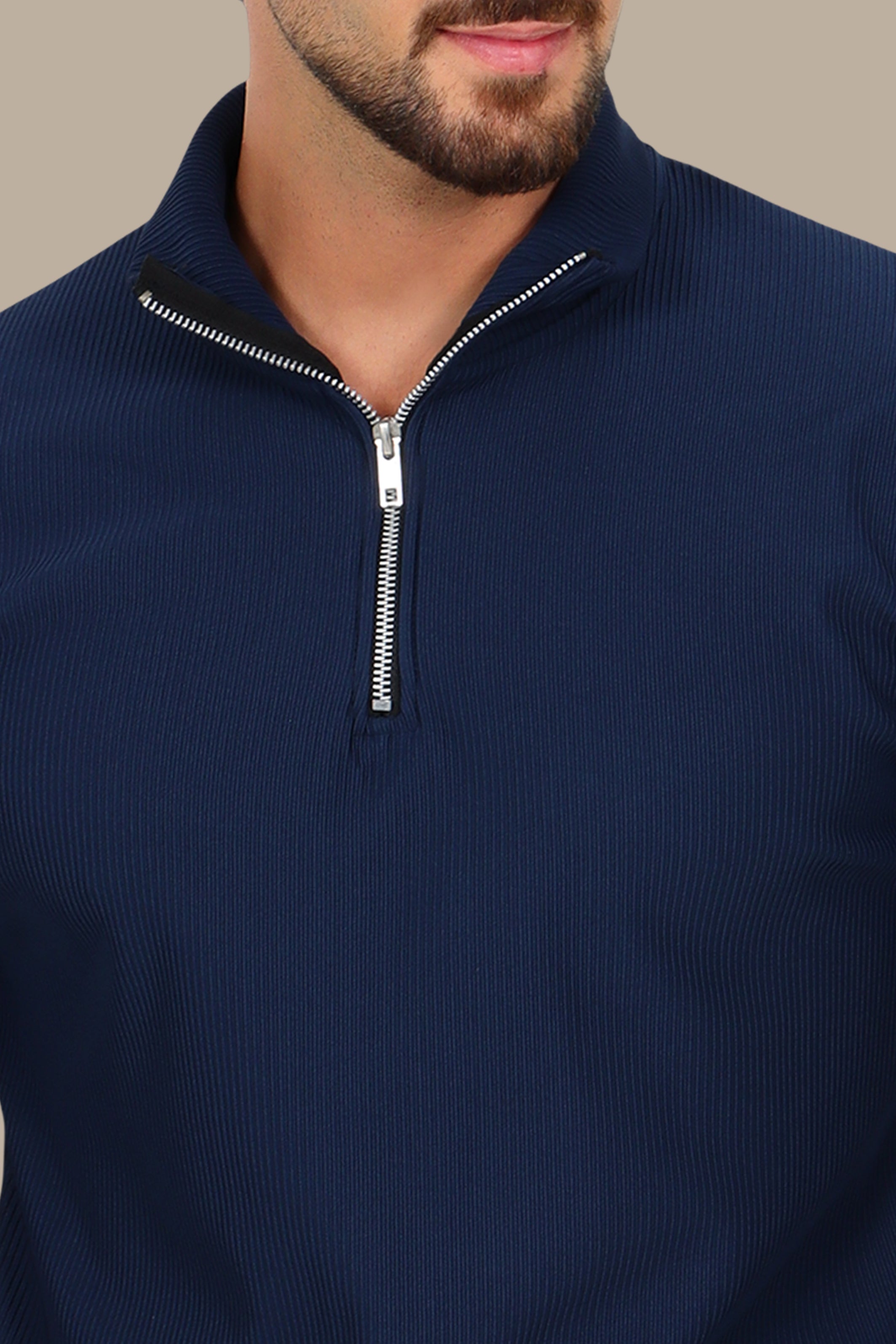 Long Sleeve Ribbed Half Zipper Sweater in Navy