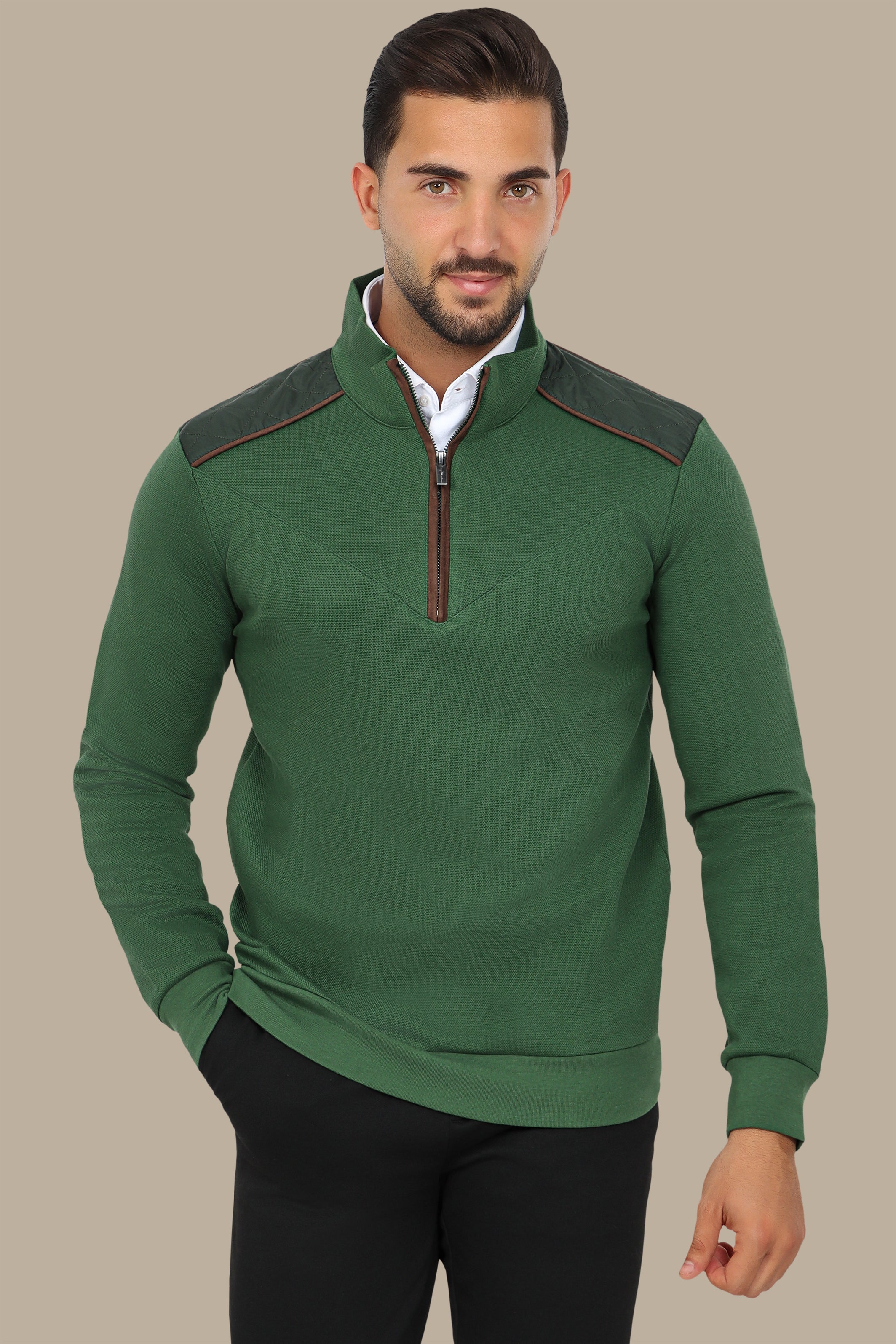 Green Half-Zip Sweater with V-Cut and Shoulder Detail