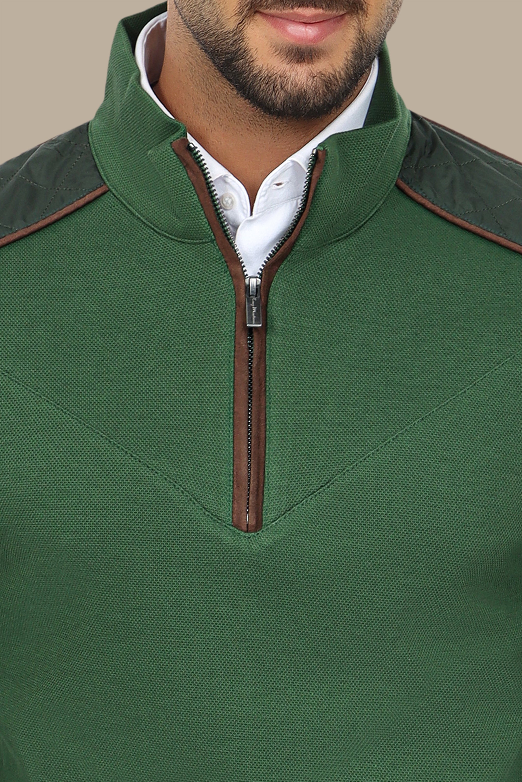 Green Half-Zip Sweater with V-Cut and Shoulder Detail