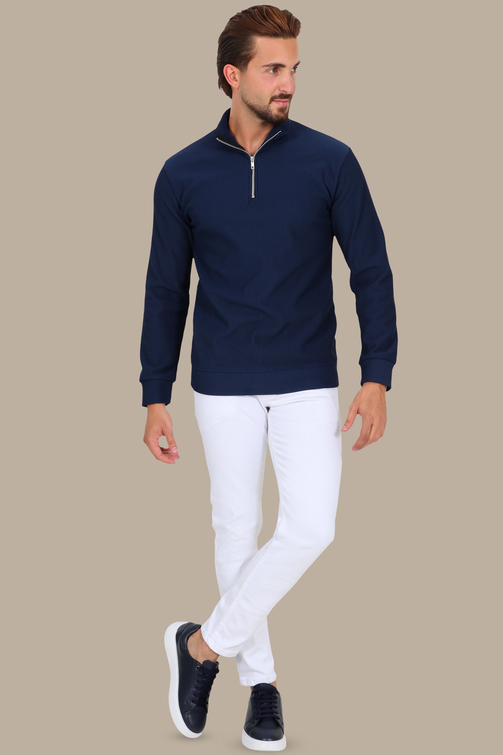 Long Sleeve Ribbed Half Zipper Sweater in Navy