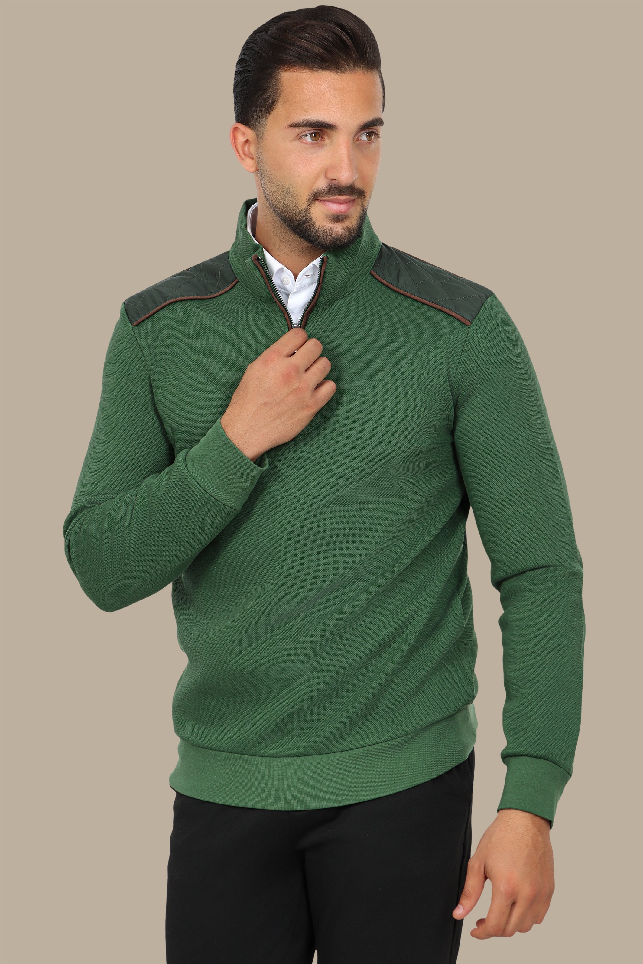 Green Half-Zip Sweater with V-Cut and Shoulder Detail