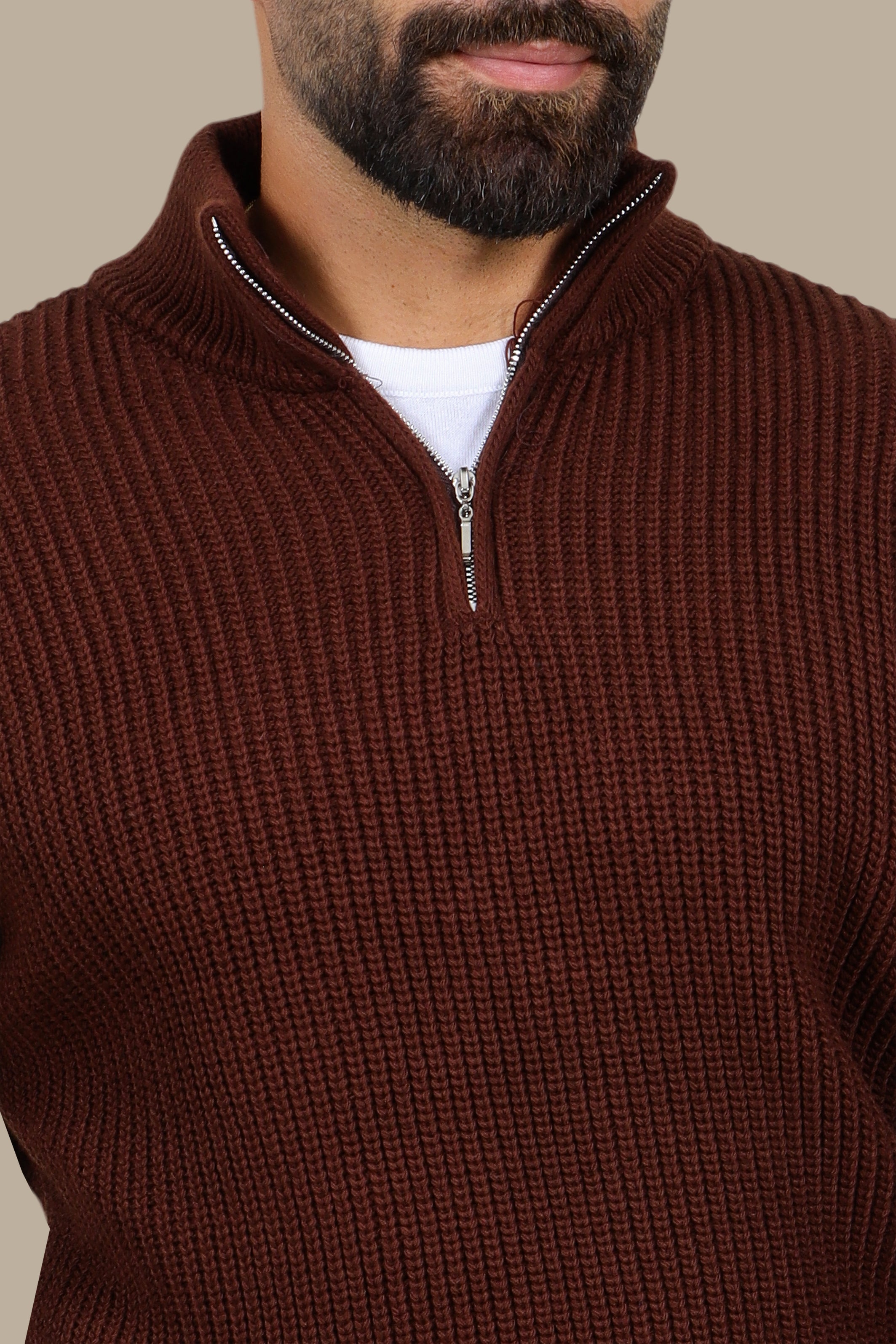 Mercerized Half-Zip Sweater in Brown
