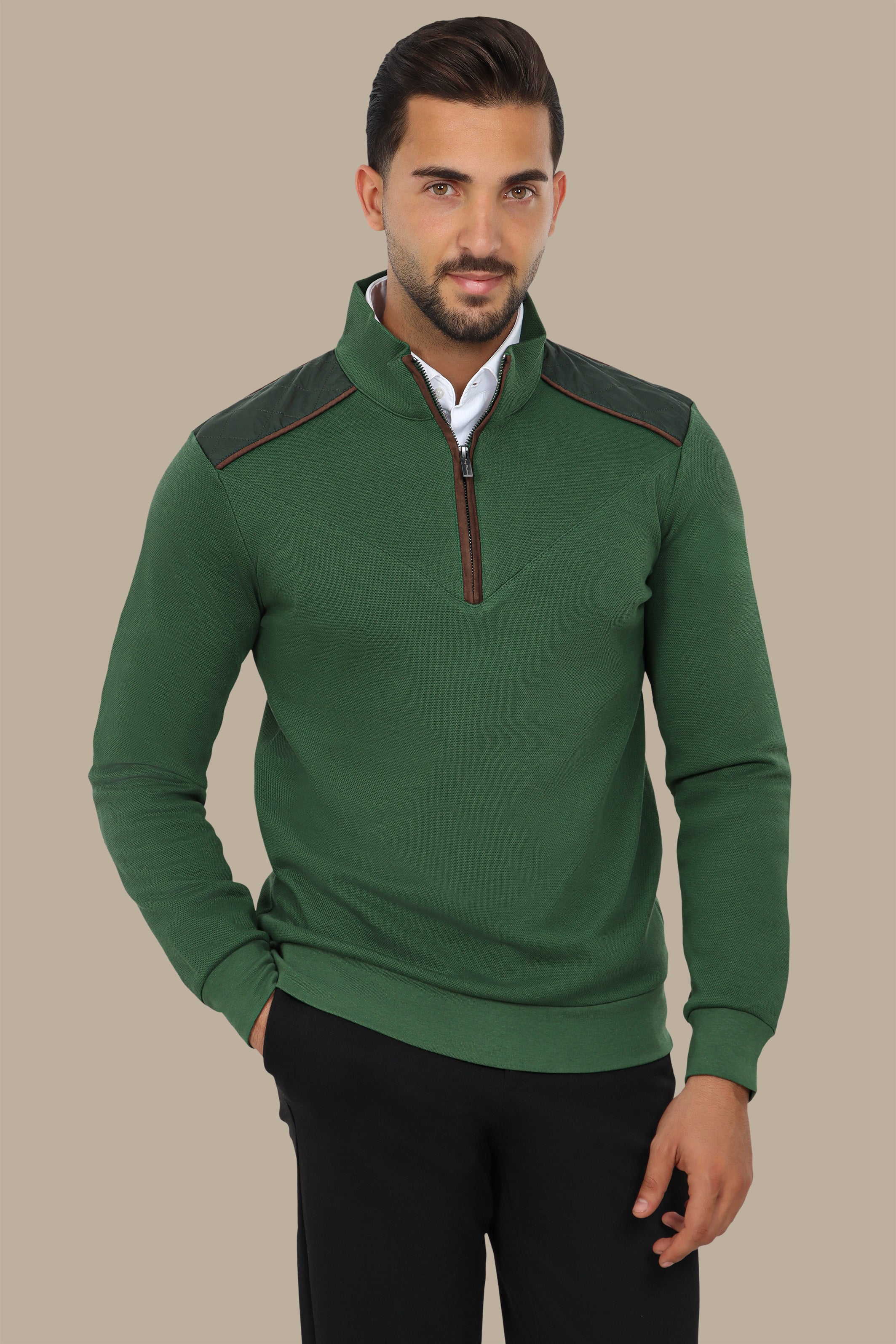 Green Half-Zip Sweater with V-Cut and Shoulder Detail