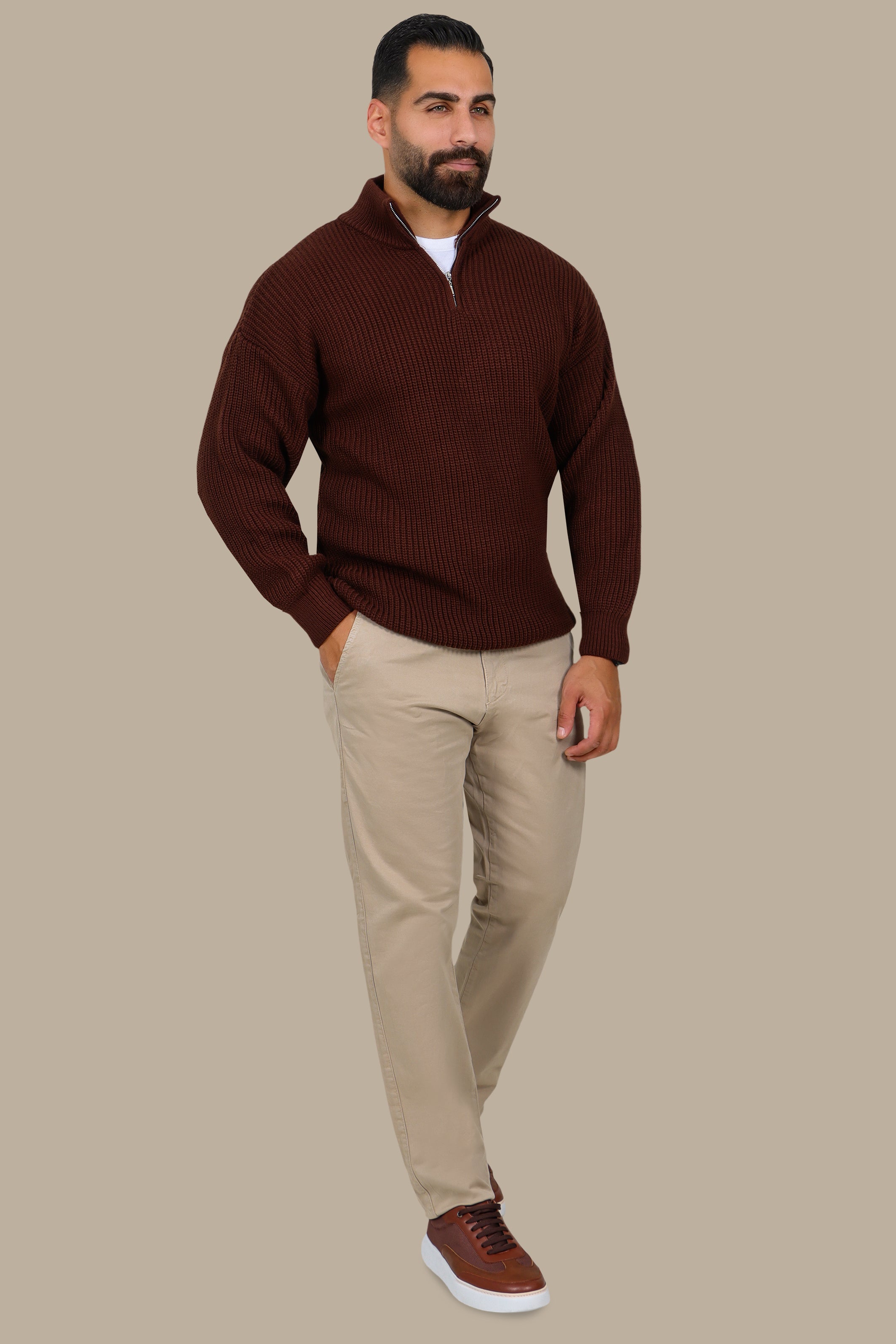 Mercerized Half-Zip Sweater in Brown