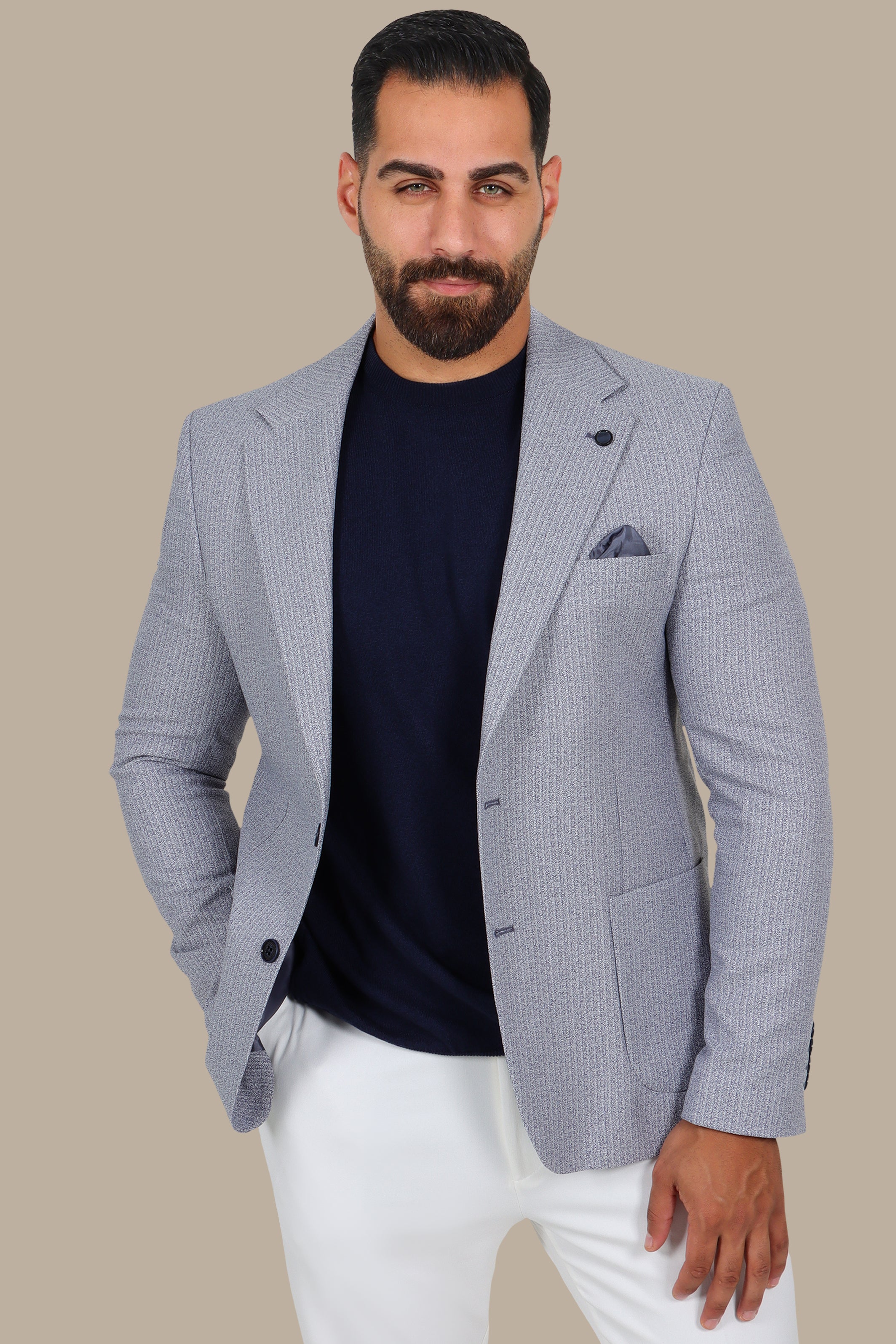 Grey Striped Blazer with Notch Lapel