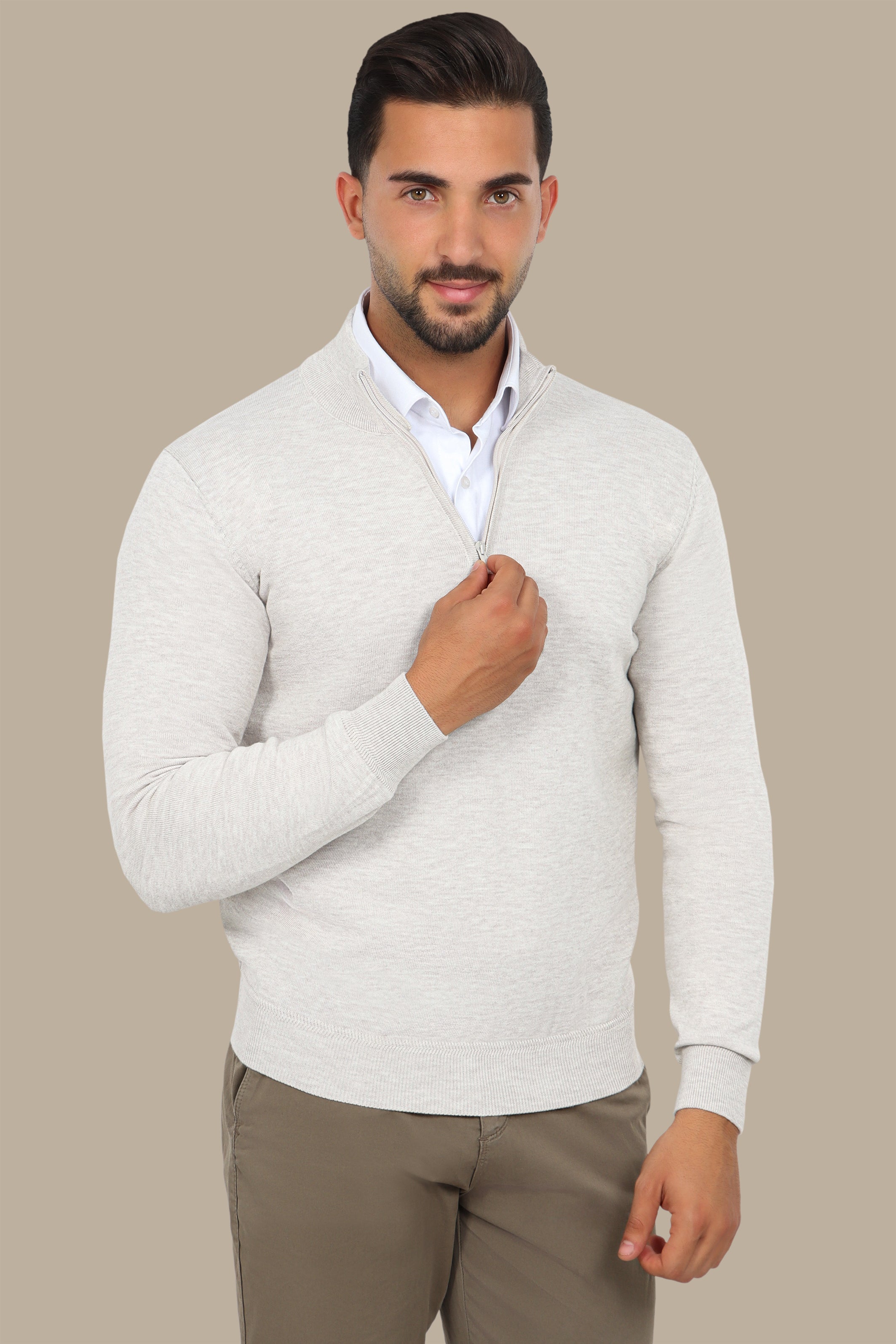 Light Beige Half-Zip Cotton Sweater