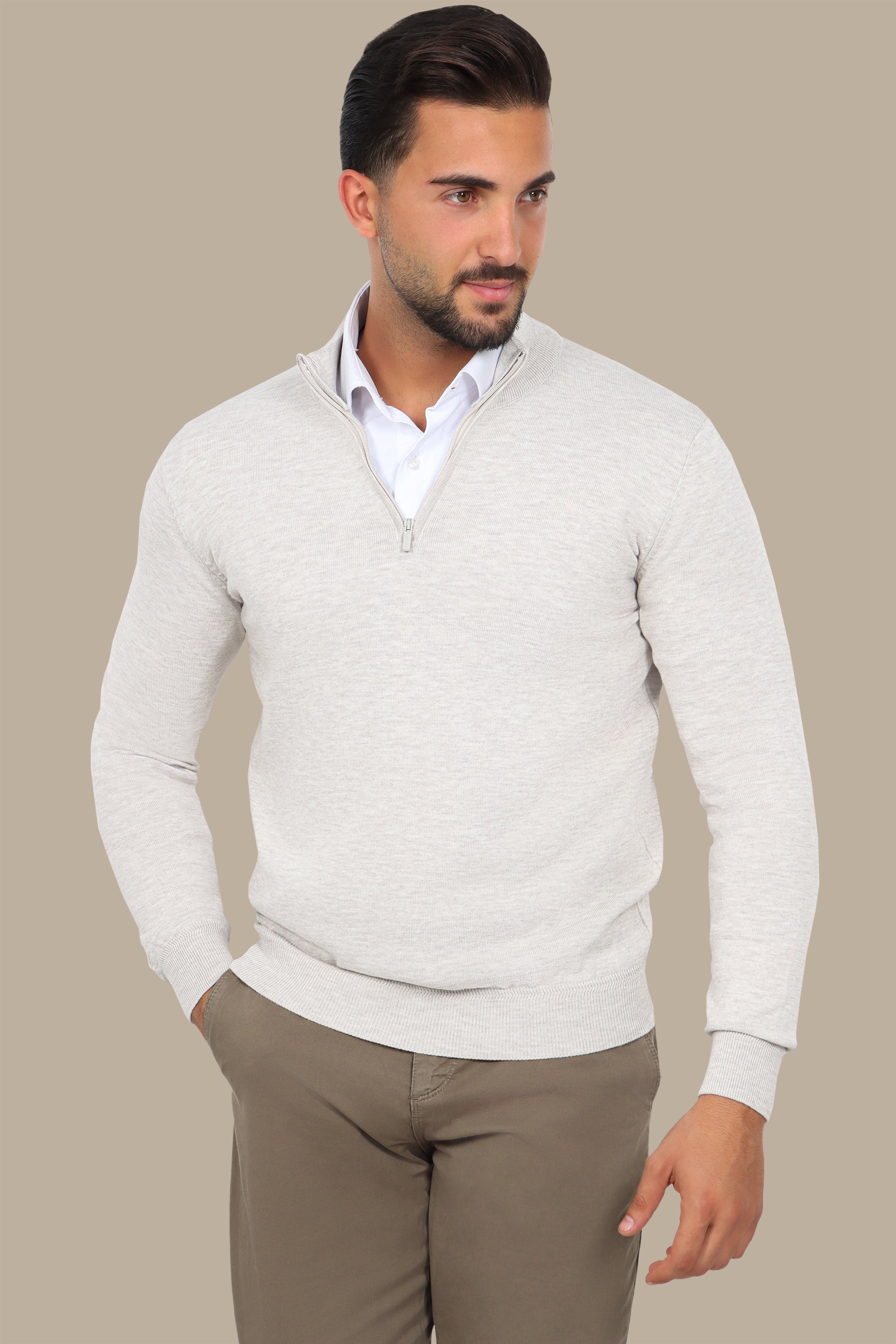 Light Beige Half-Zip Cotton Sweater