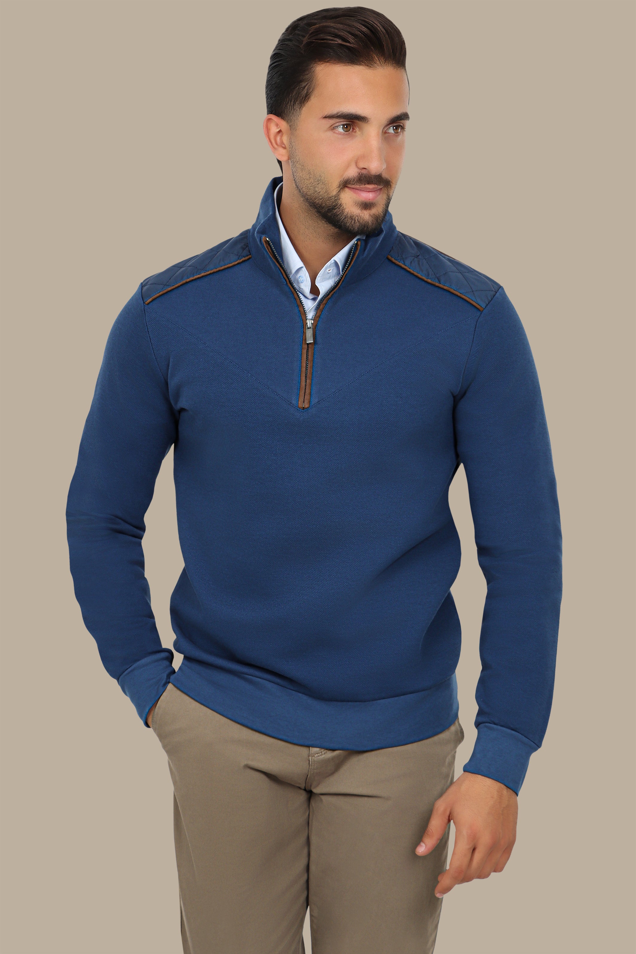 Blue Half-Zip Sweater with V-Cut and Shoulder Detail