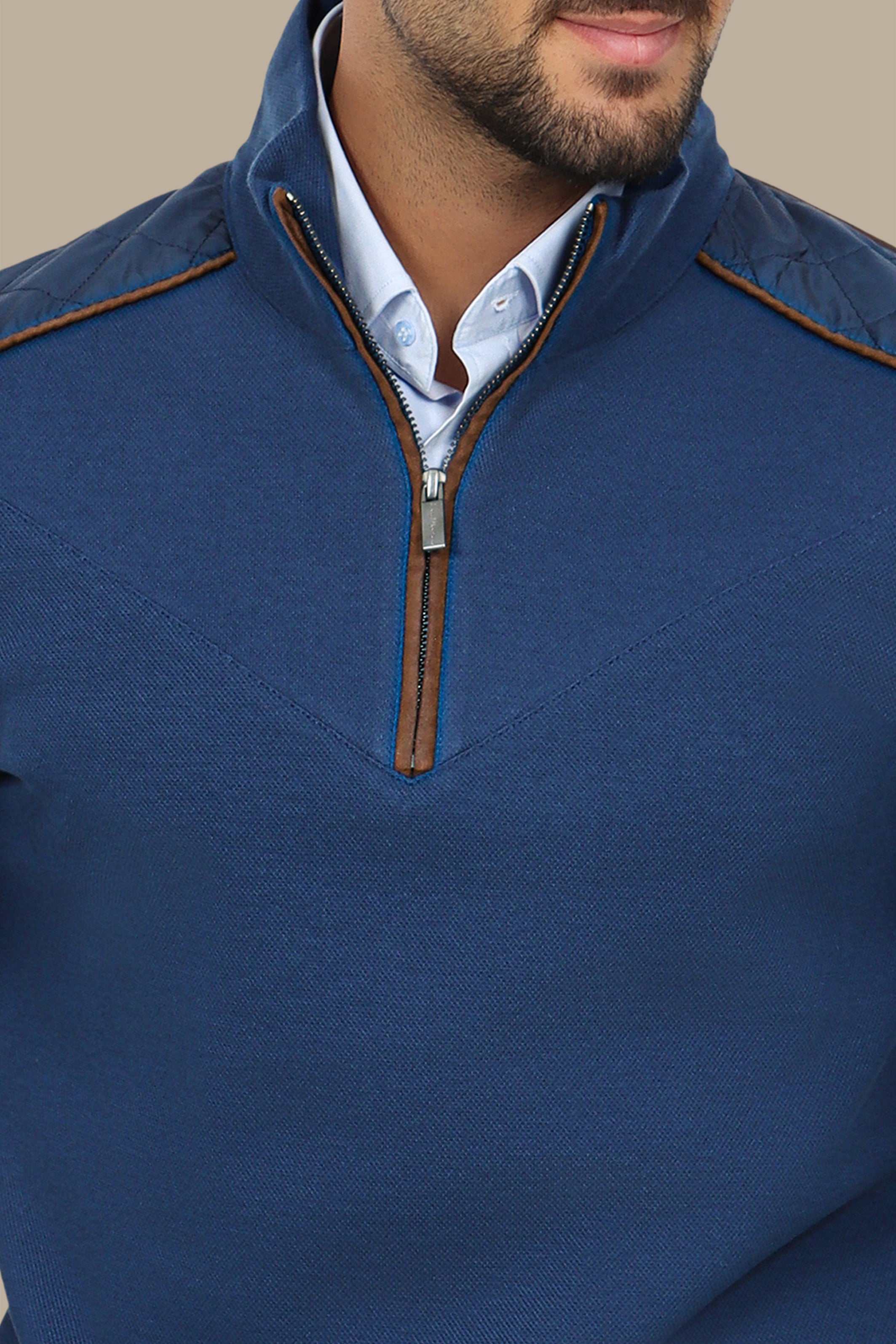 Blue Half-Zip Sweater with V-Cut and Shoulder Detail