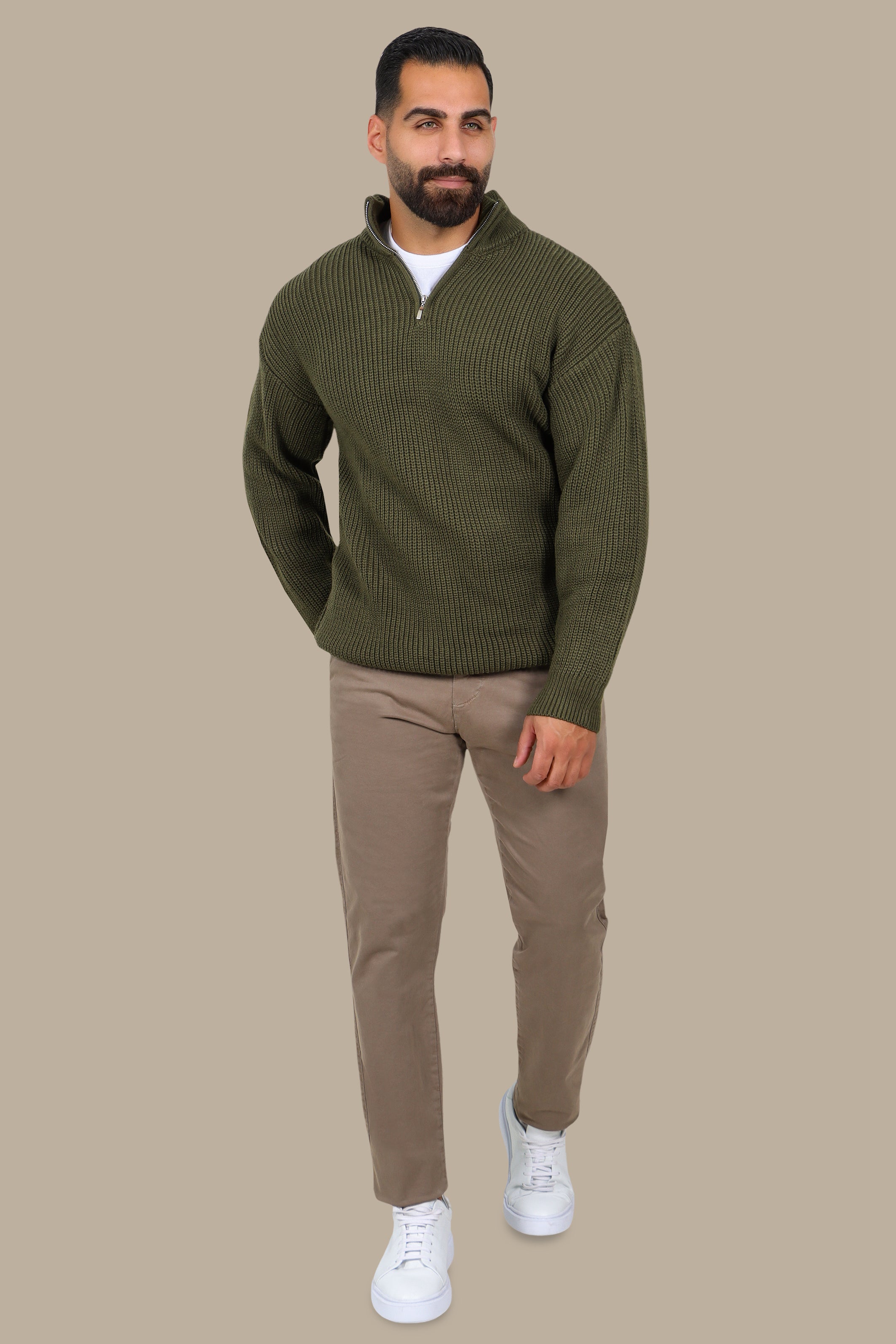 Mercerized Half-Zip Sweater in Khaki