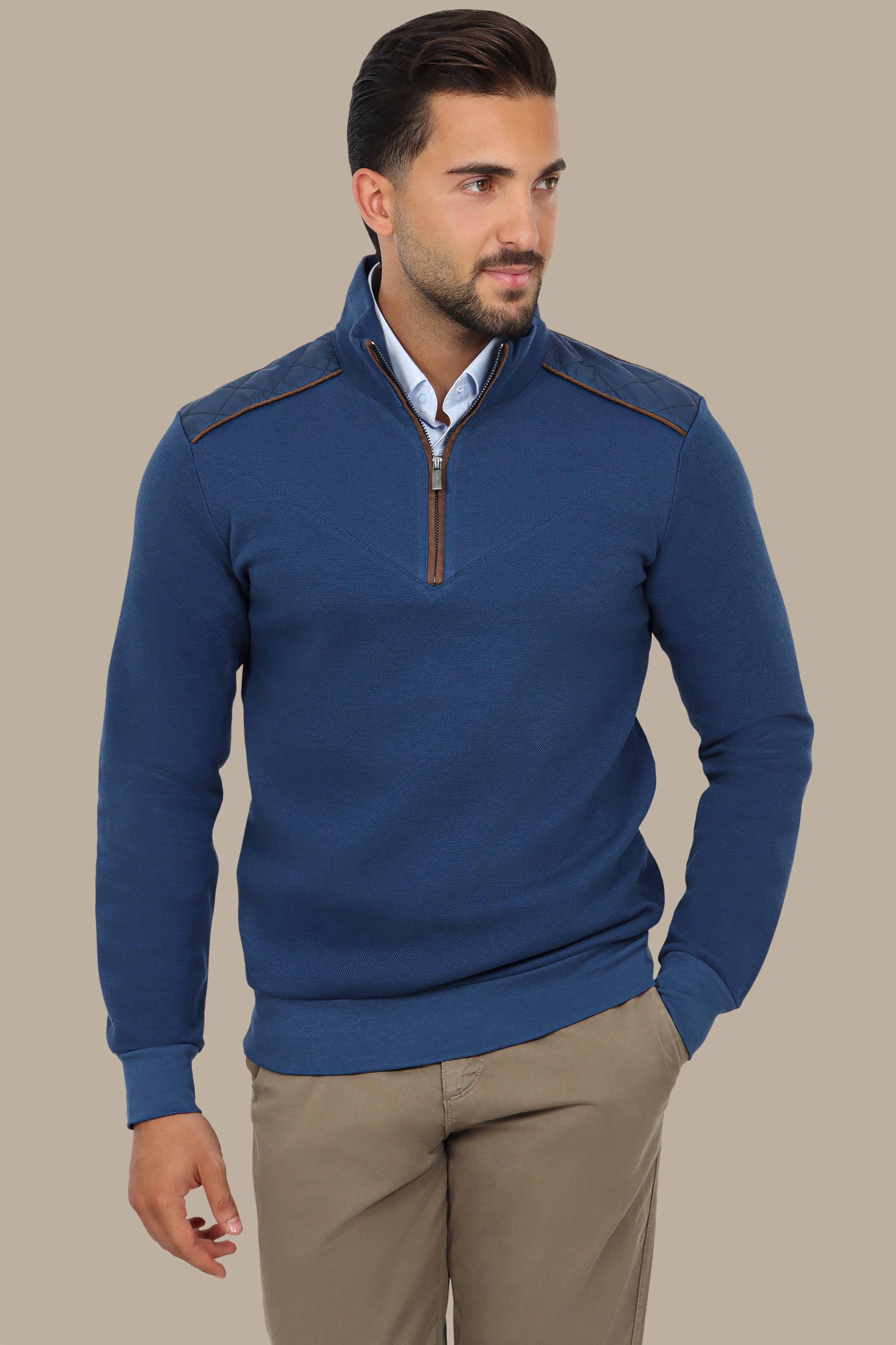 Blue Half-Zip Sweater with V-Cut and Shoulder Detail