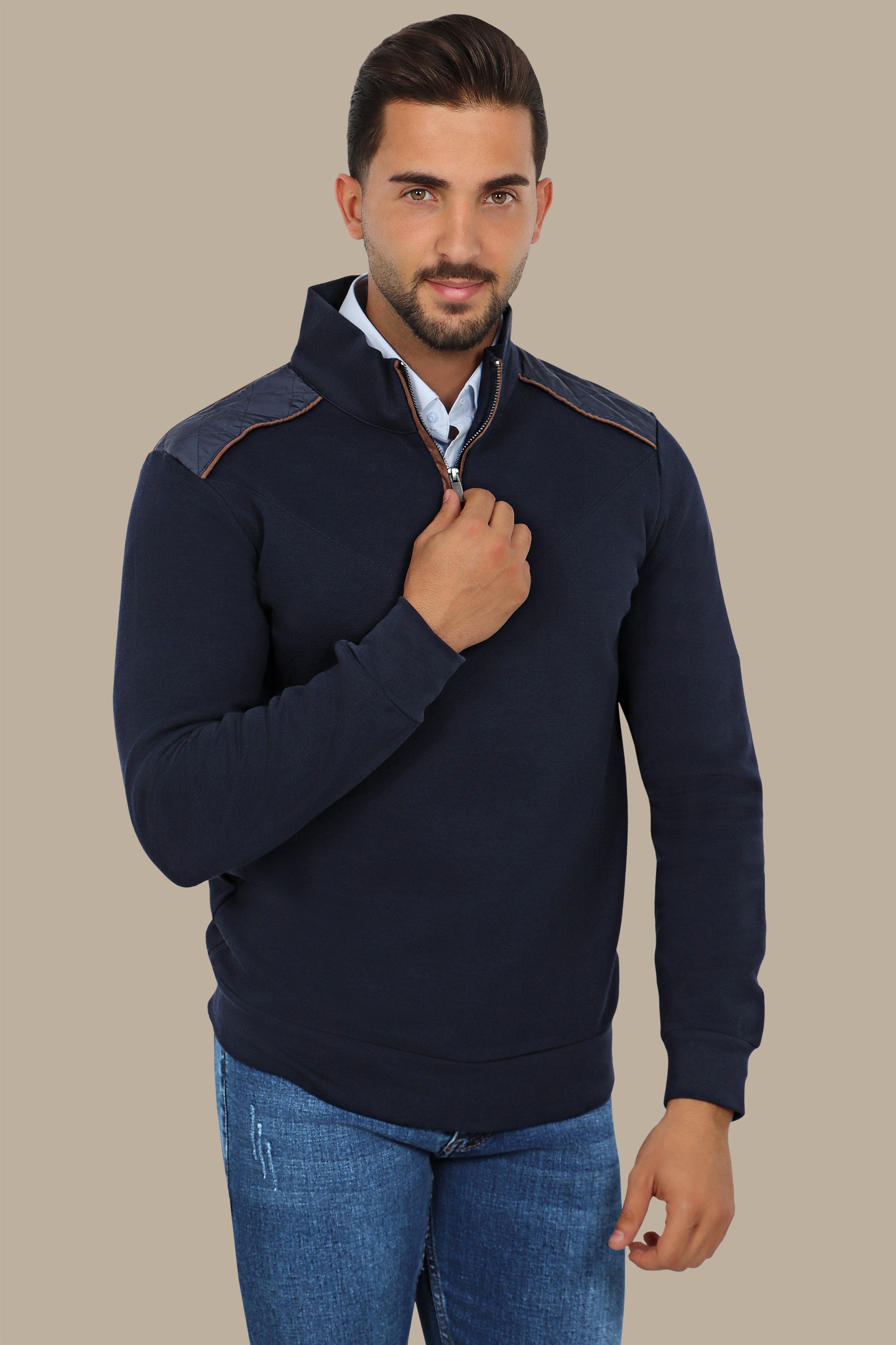 Navy Half-Zip Sweater with V-Cut and Shoulder Detail