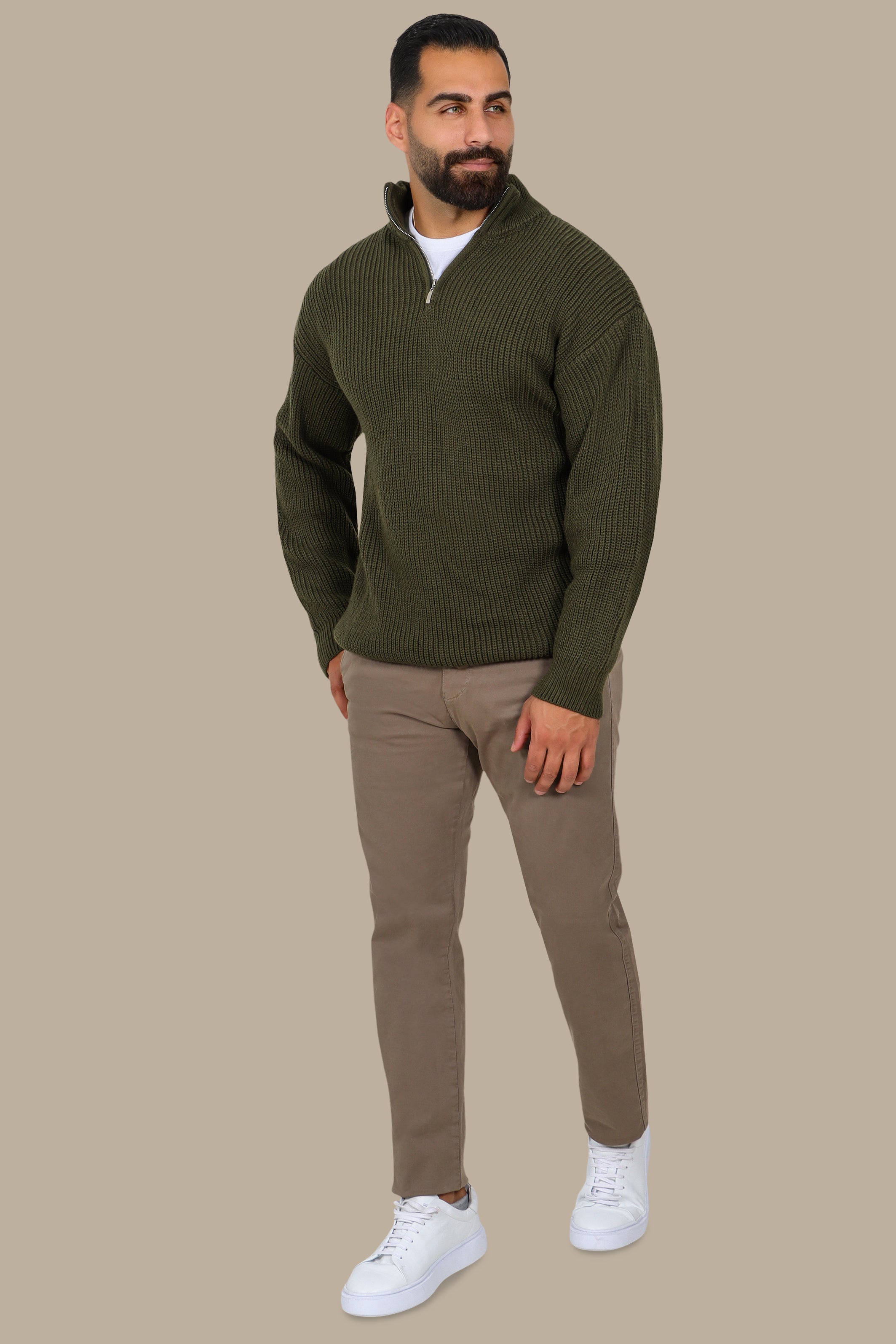 Mercerized Half-Zip Sweater in Khaki