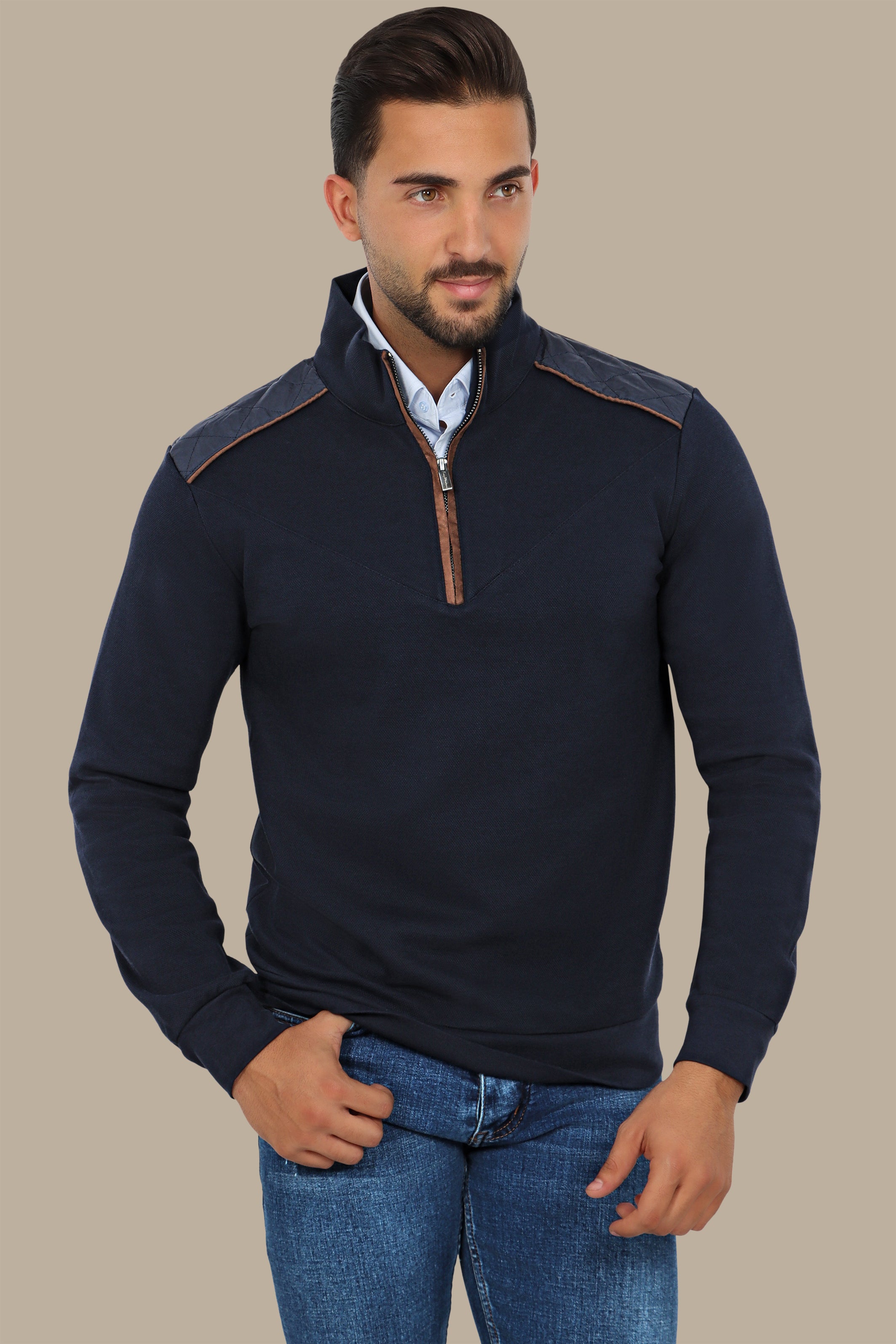 Navy Half-Zip Sweater with V-Cut and Shoulder Detail