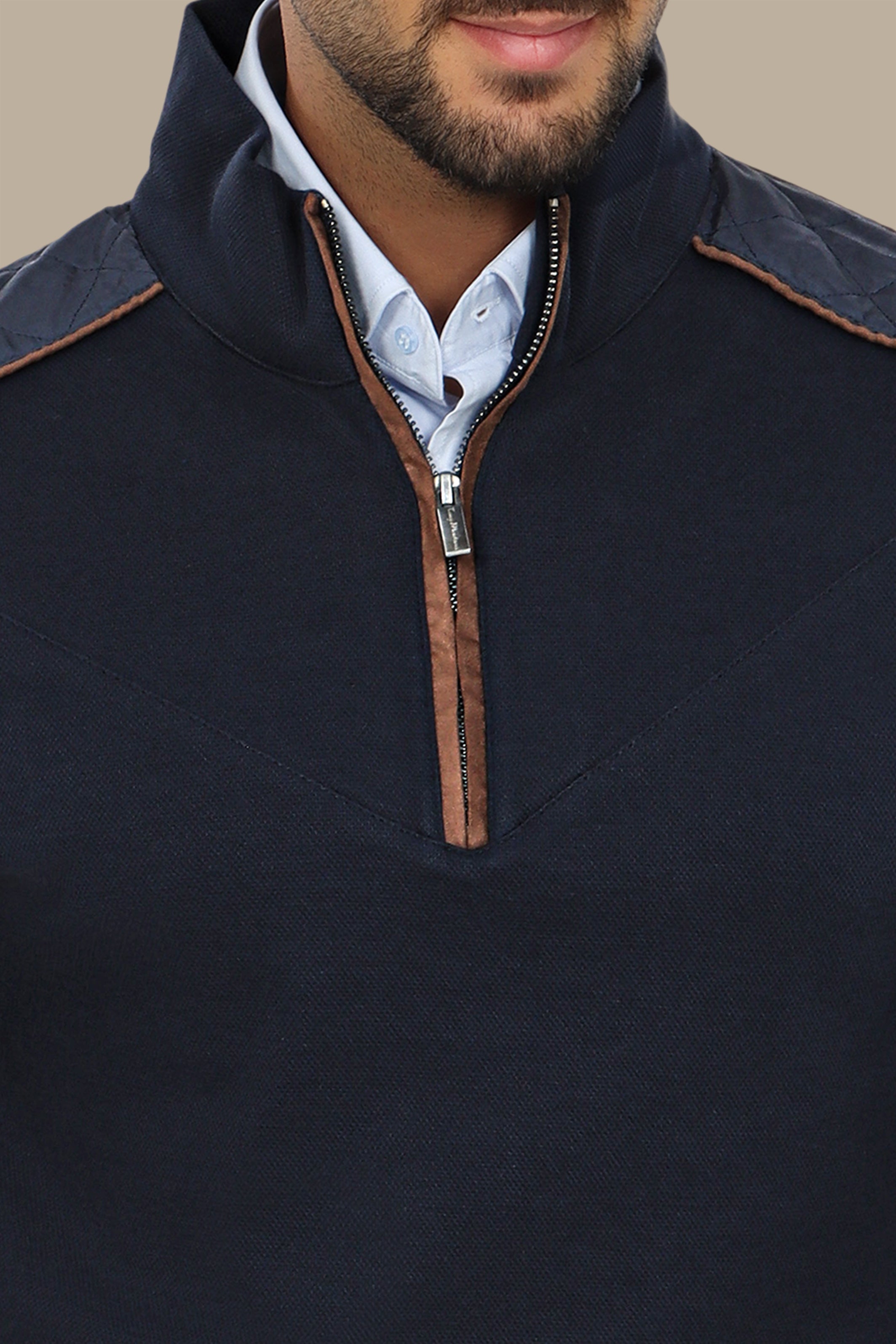 Navy Half-Zip Sweater with V-Cut and Shoulder Detail