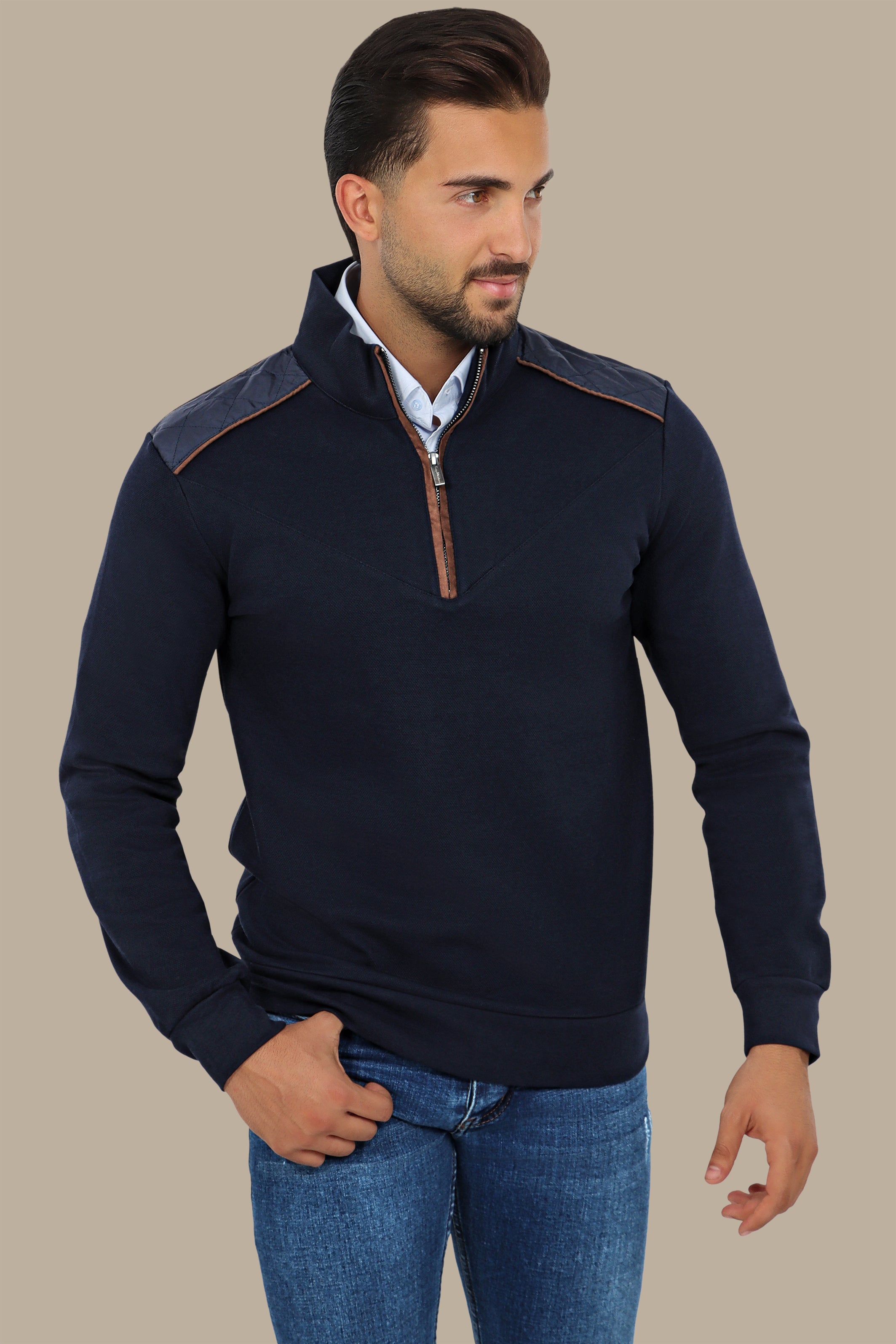 Navy Half-Zip Sweater with V-Cut and Shoulder Detail