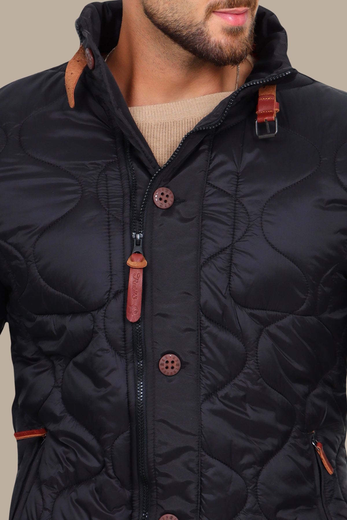 Black Quilted Puffer Jacket with Refined Detailing