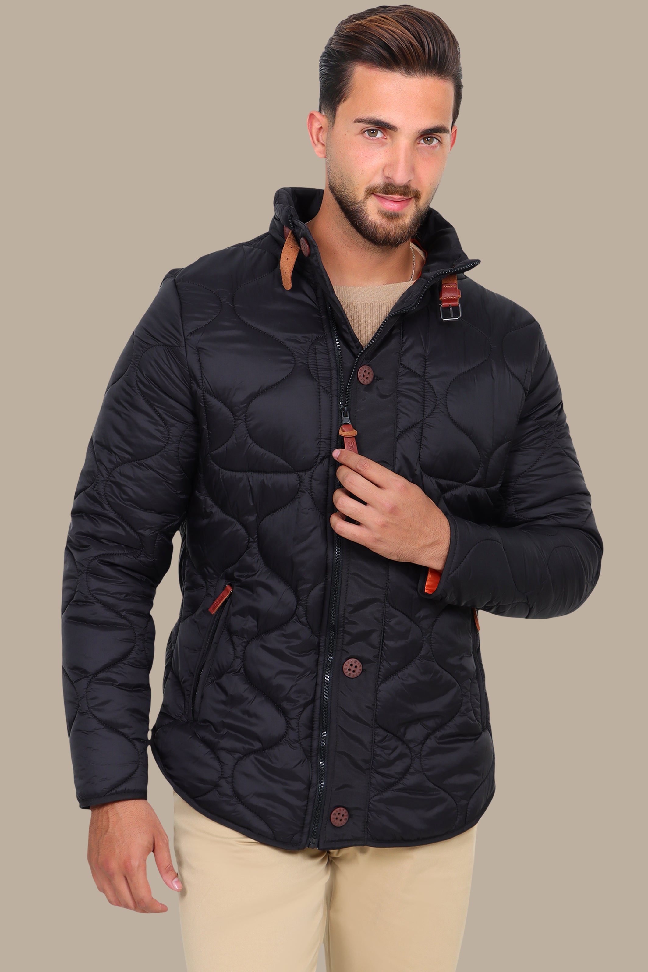 Black Quilted Puffer Jacket with Refined Detailing