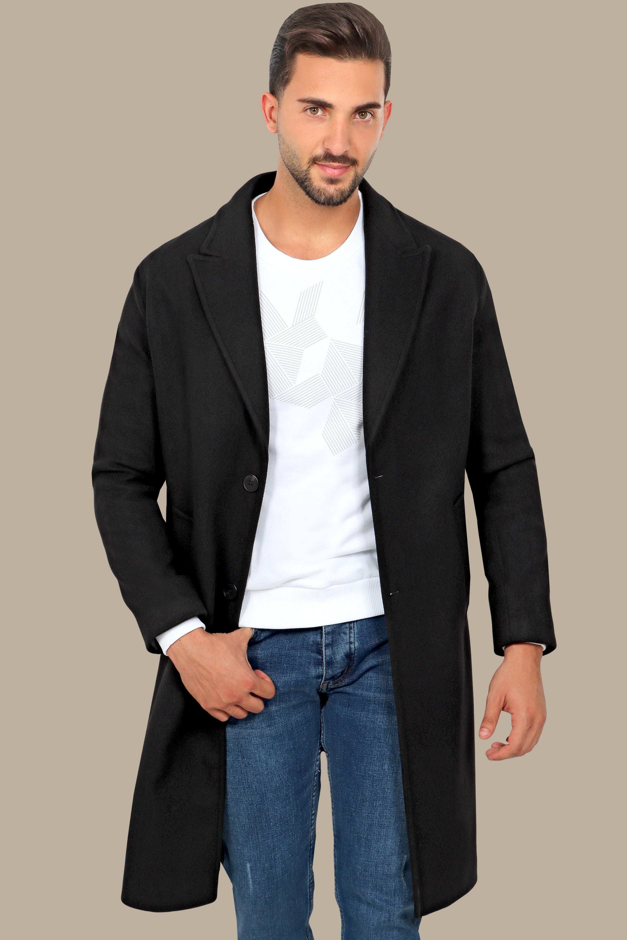 Oversized Black Coat with Peak Lapels