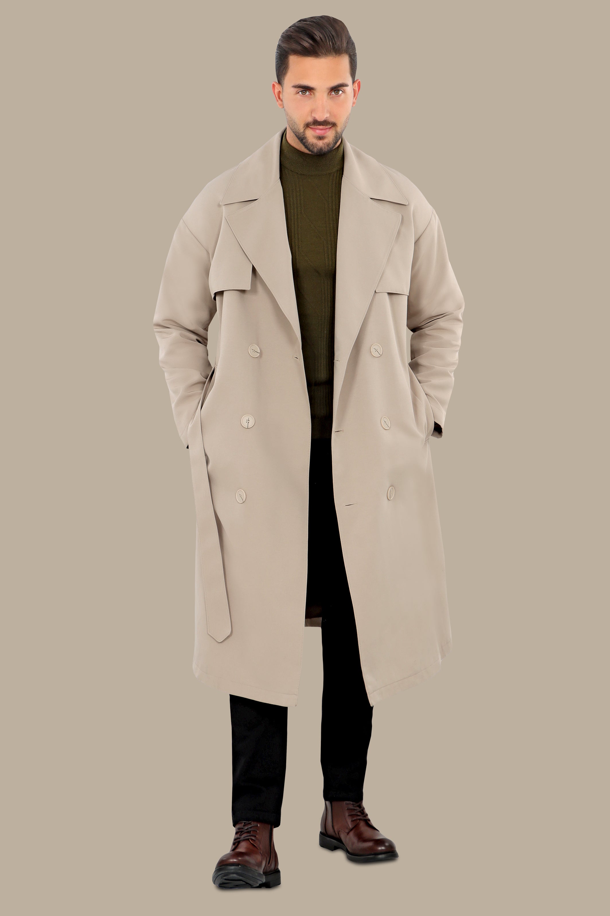 Oversized Double-Breasted Beige Long Trench Coat