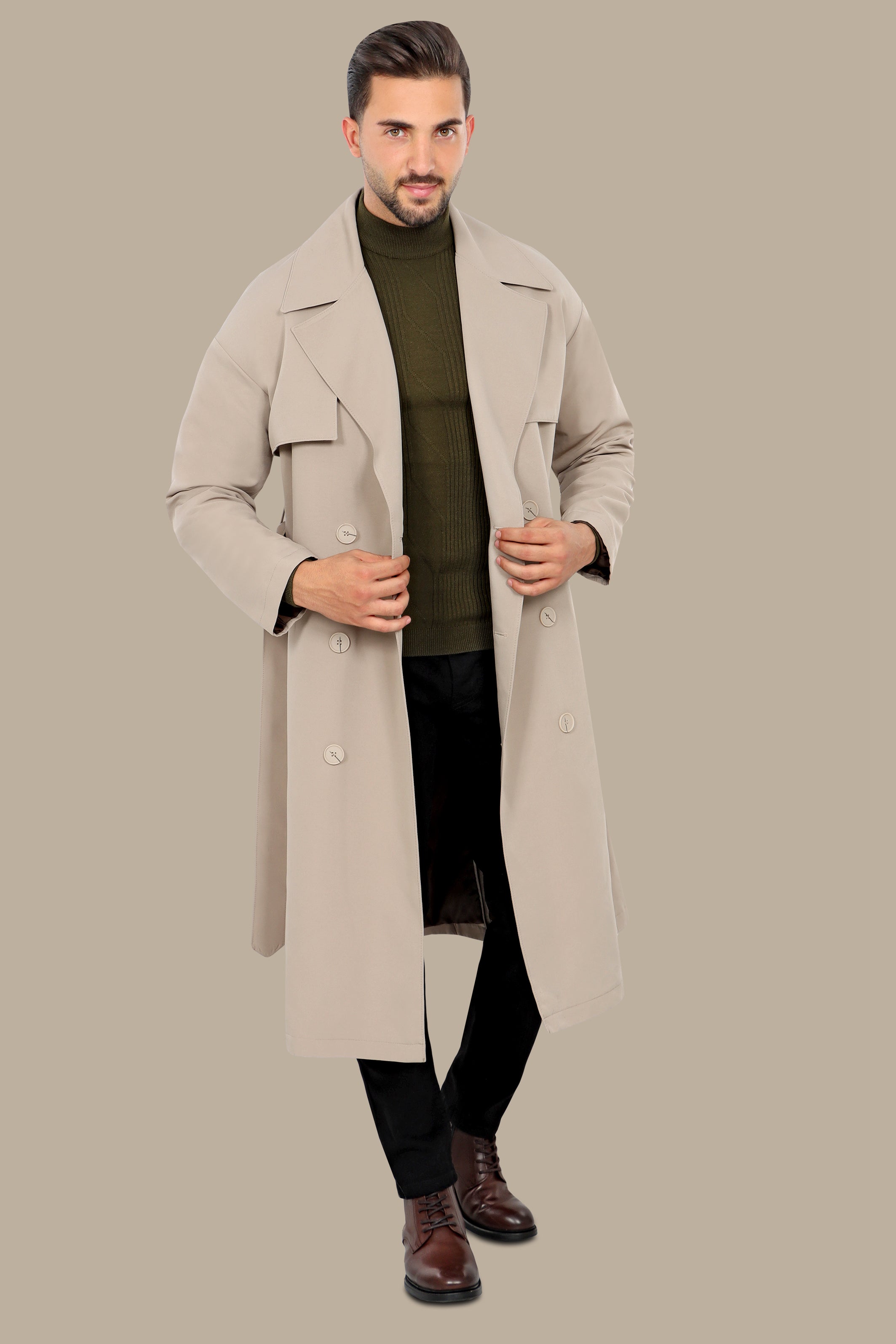 Oversized Double-Breasted Beige Long Trench Coat