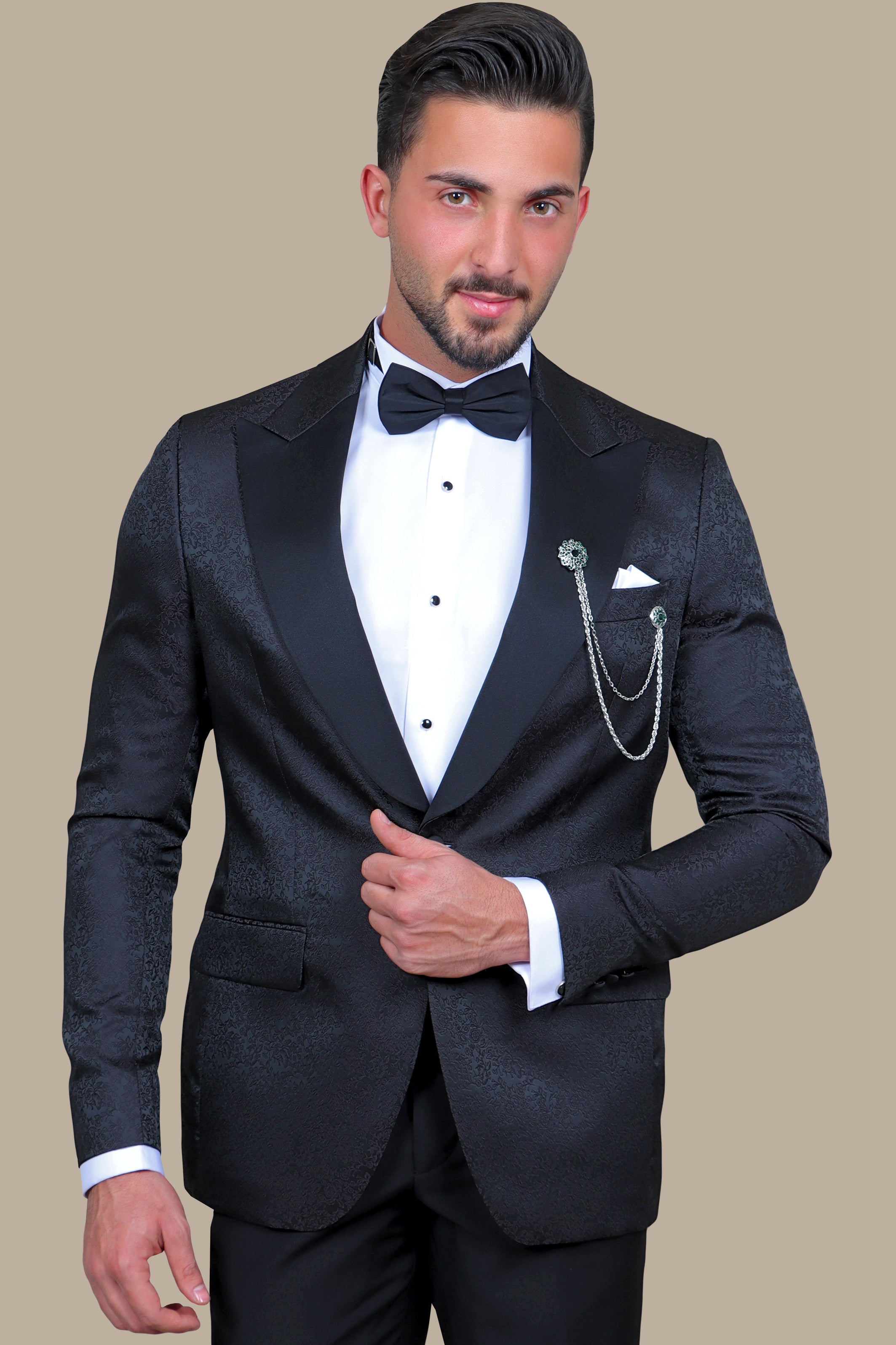 Elegant Blossom: Black Tuxedo with Jacquard Flower Print