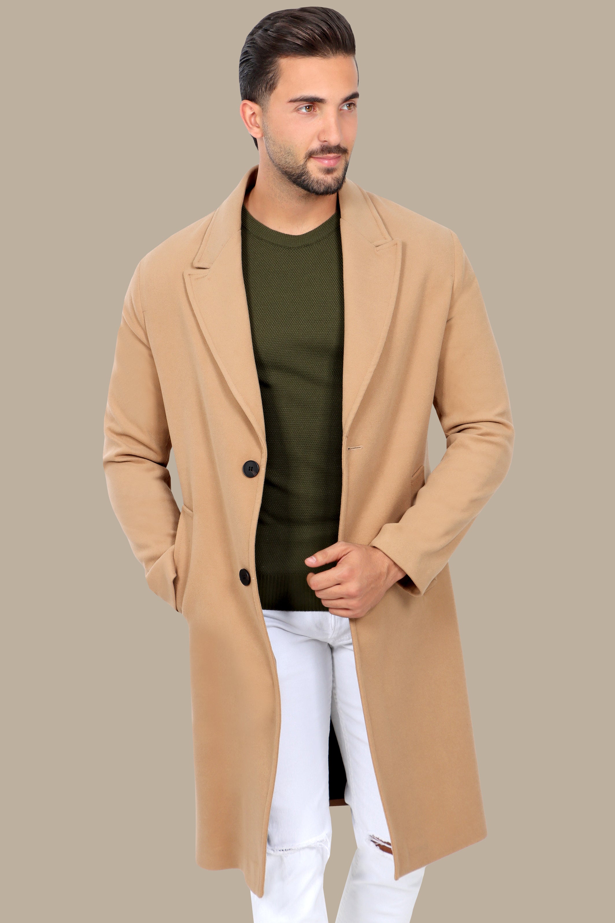 Oversized Beige Coat with Peak Lapels