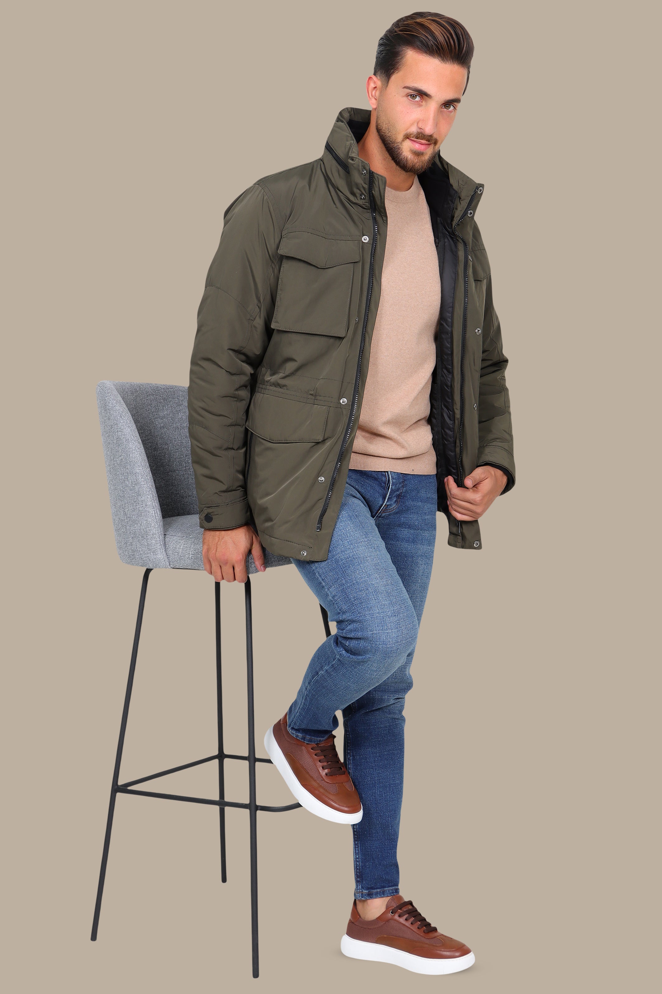 Khaki Windbreaker Jacket with Detachable Hood