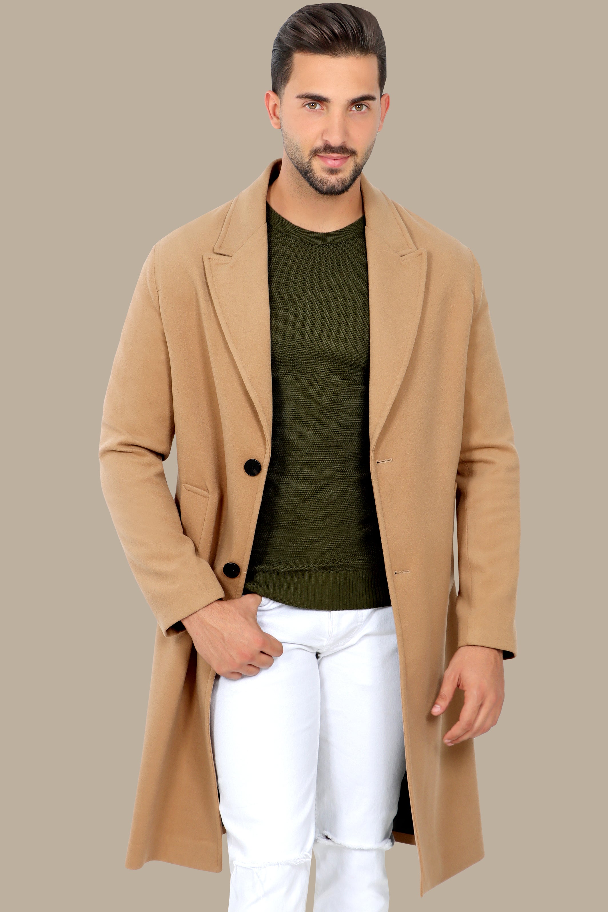 Oversized Beige Coat with Peak Lapels