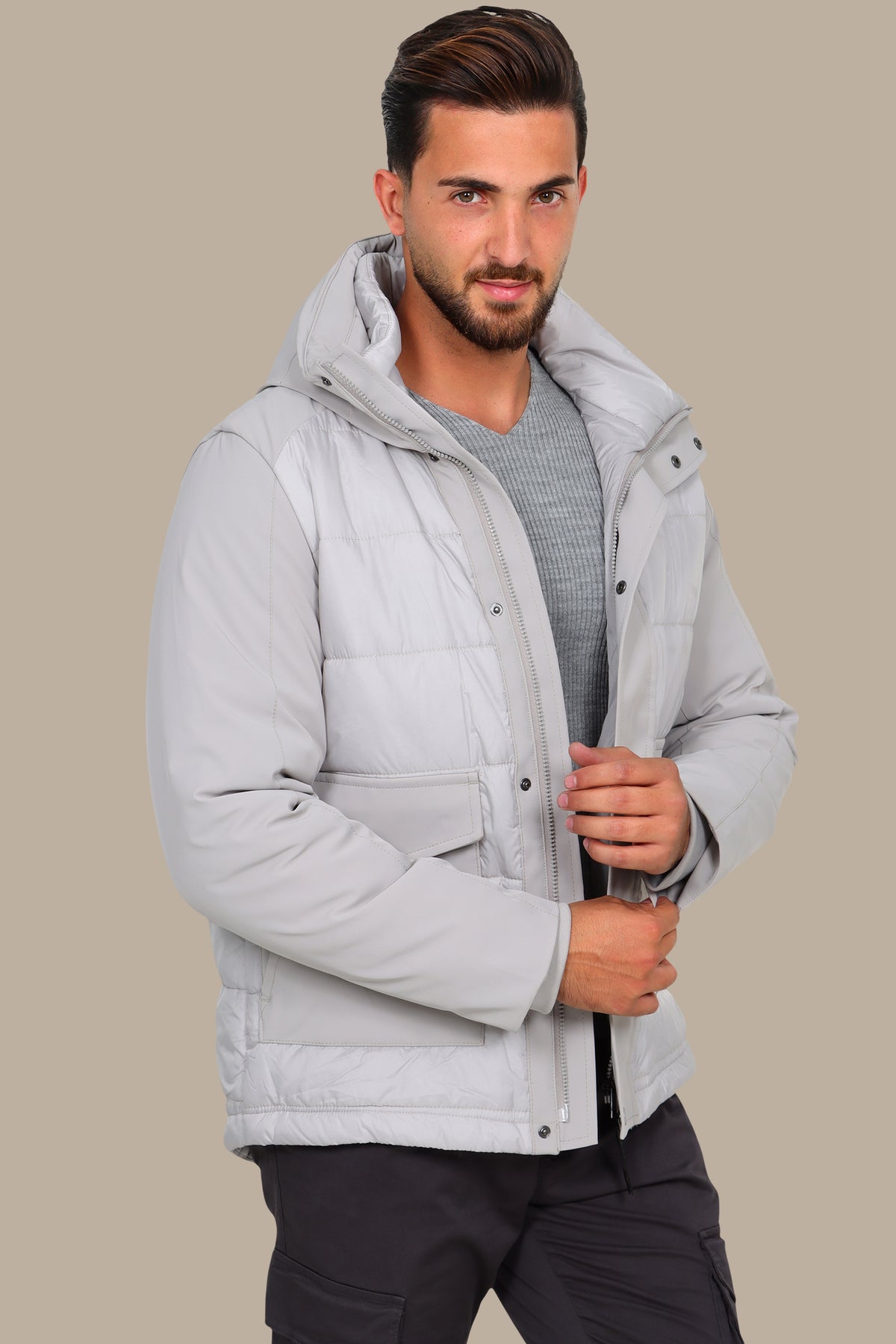Light Gray Wind Breaker: Stay Stylish and Functional with Two Spacious Pockets