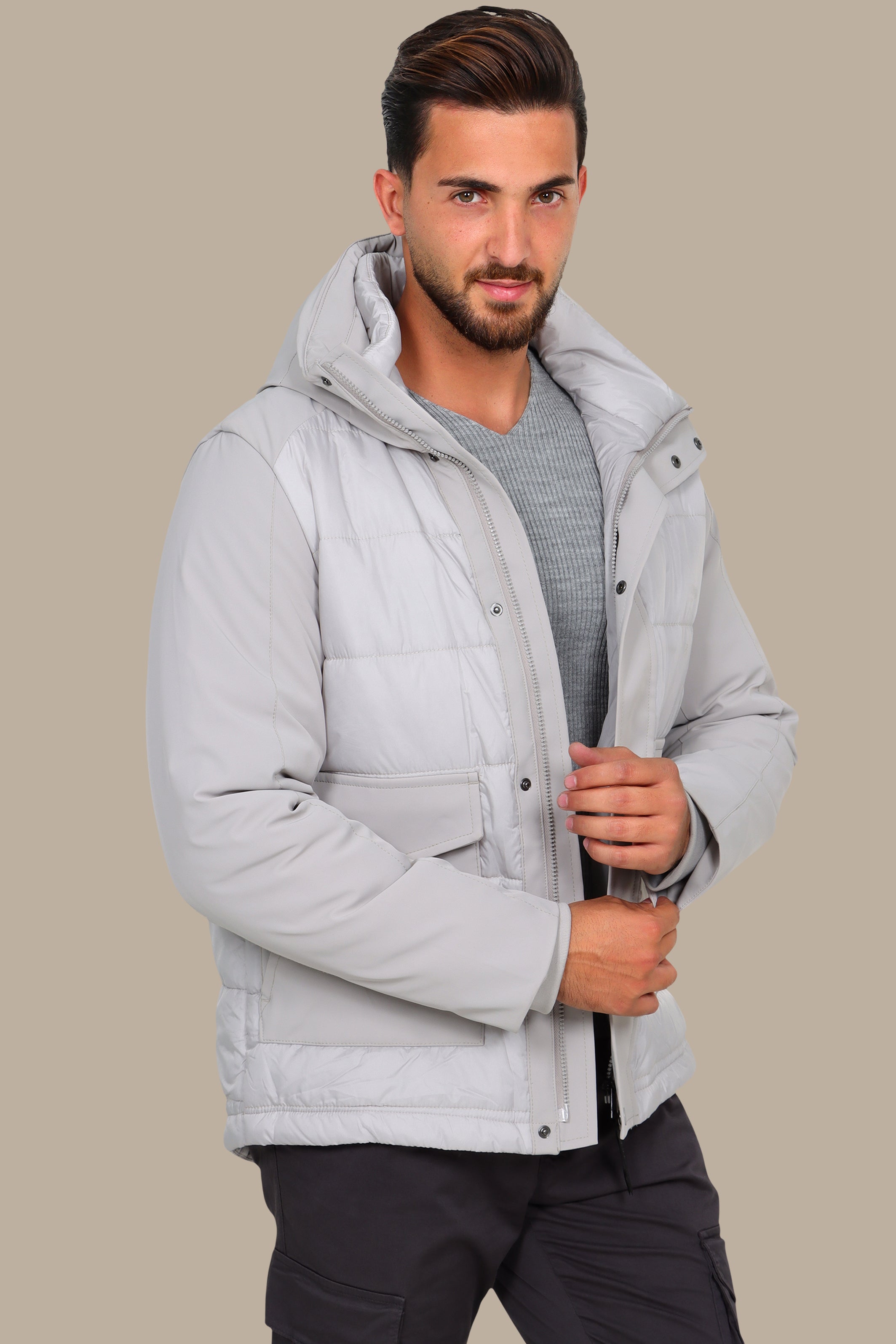 Light Gray Wind Breaker: Stay Stylish and Functional with Two Spacious Pockets