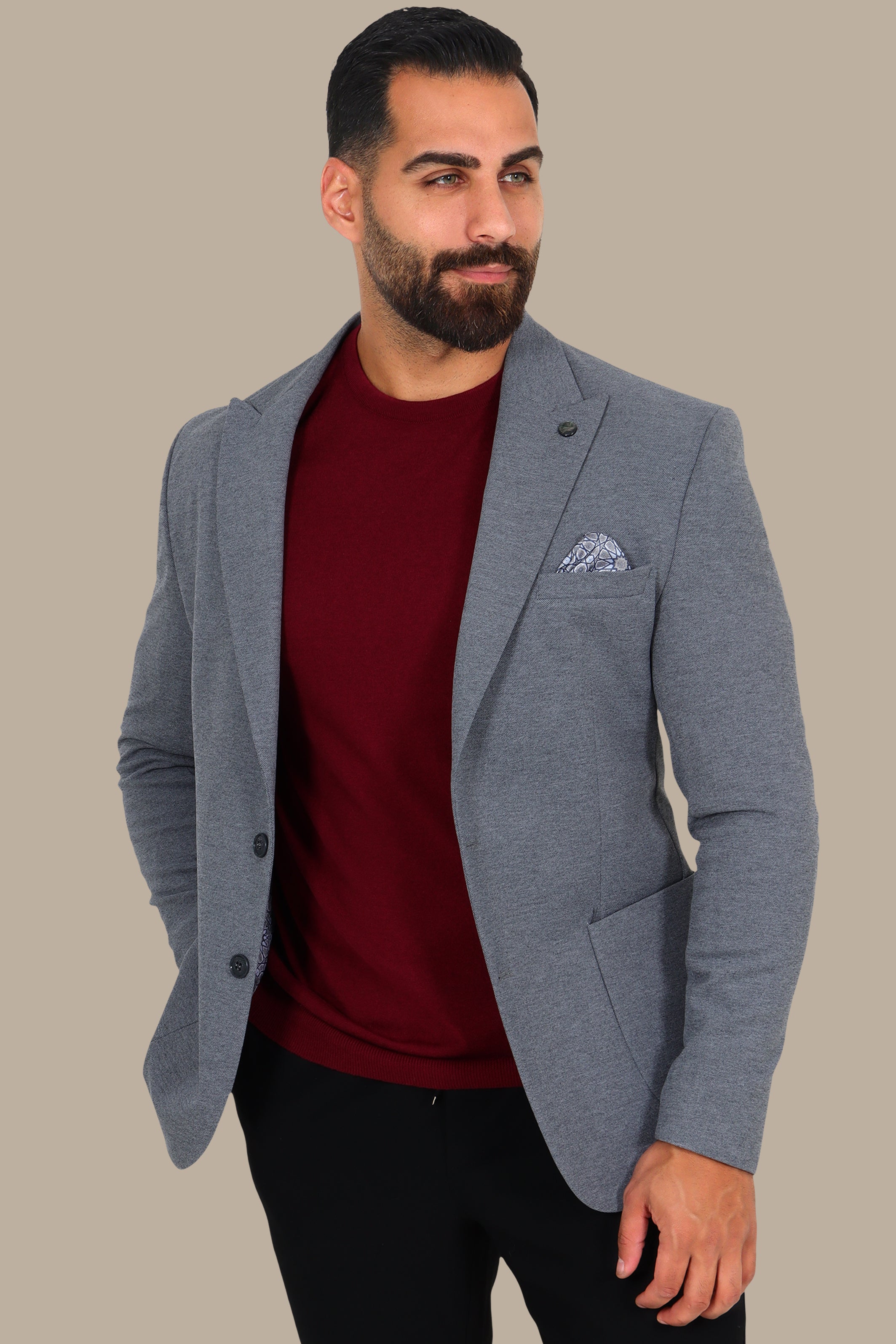 Grey Piquet Blazer with Peak Lapel
