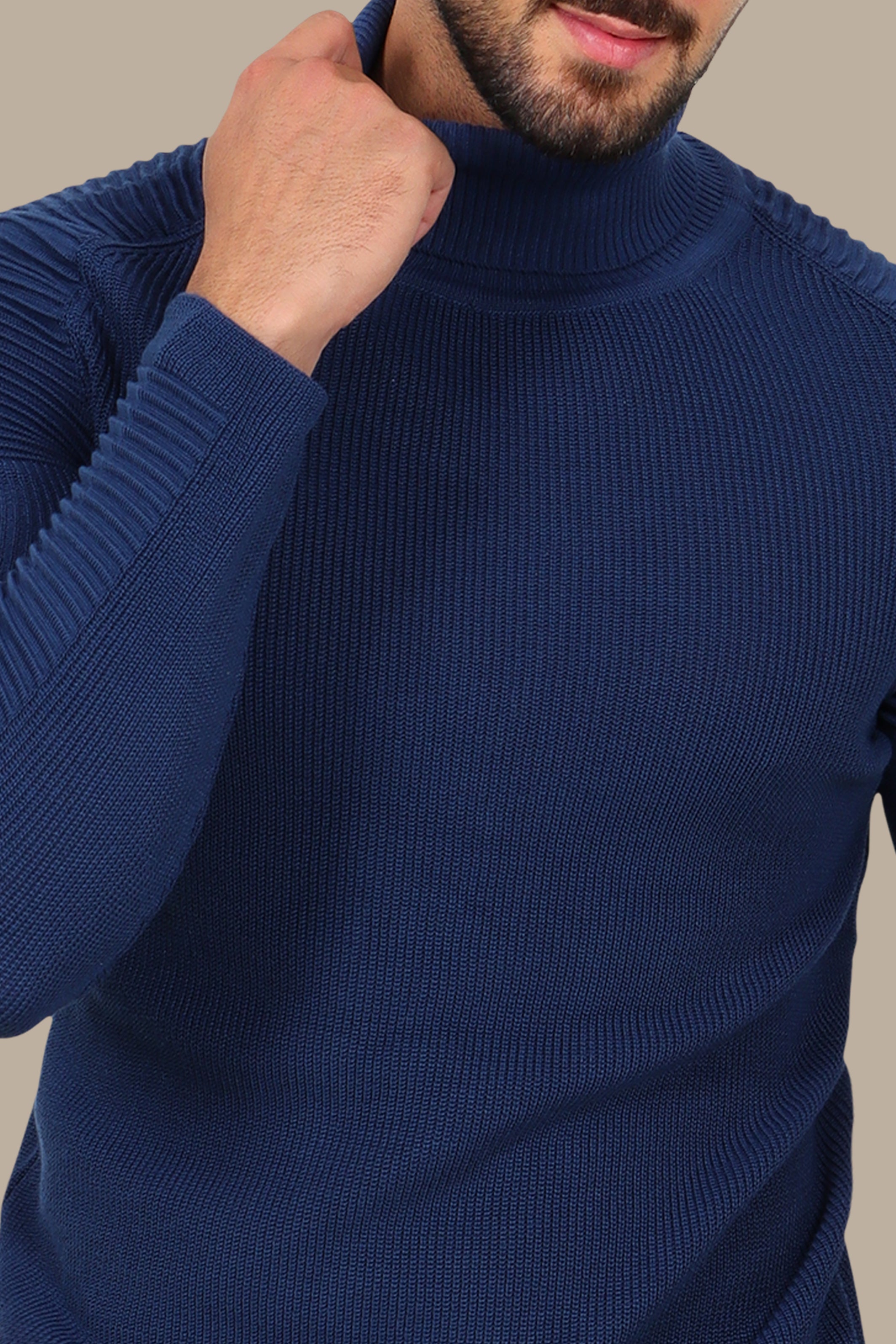 Blue Mercerized Turtle-Neck Sweater with Ribbed Shoulders