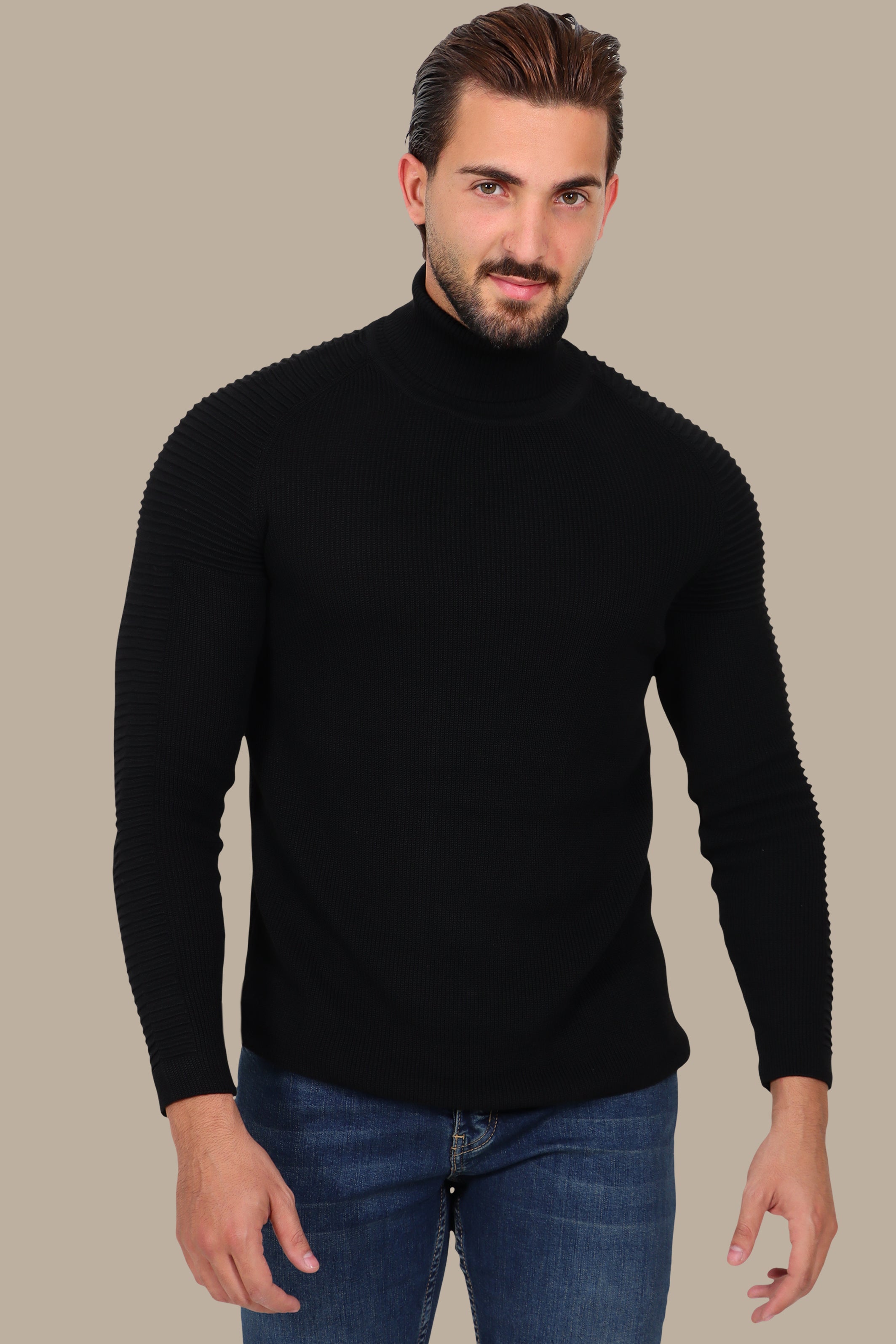 Black Mercerized Turtle-Neck Sweater with Ribbed Shoulders