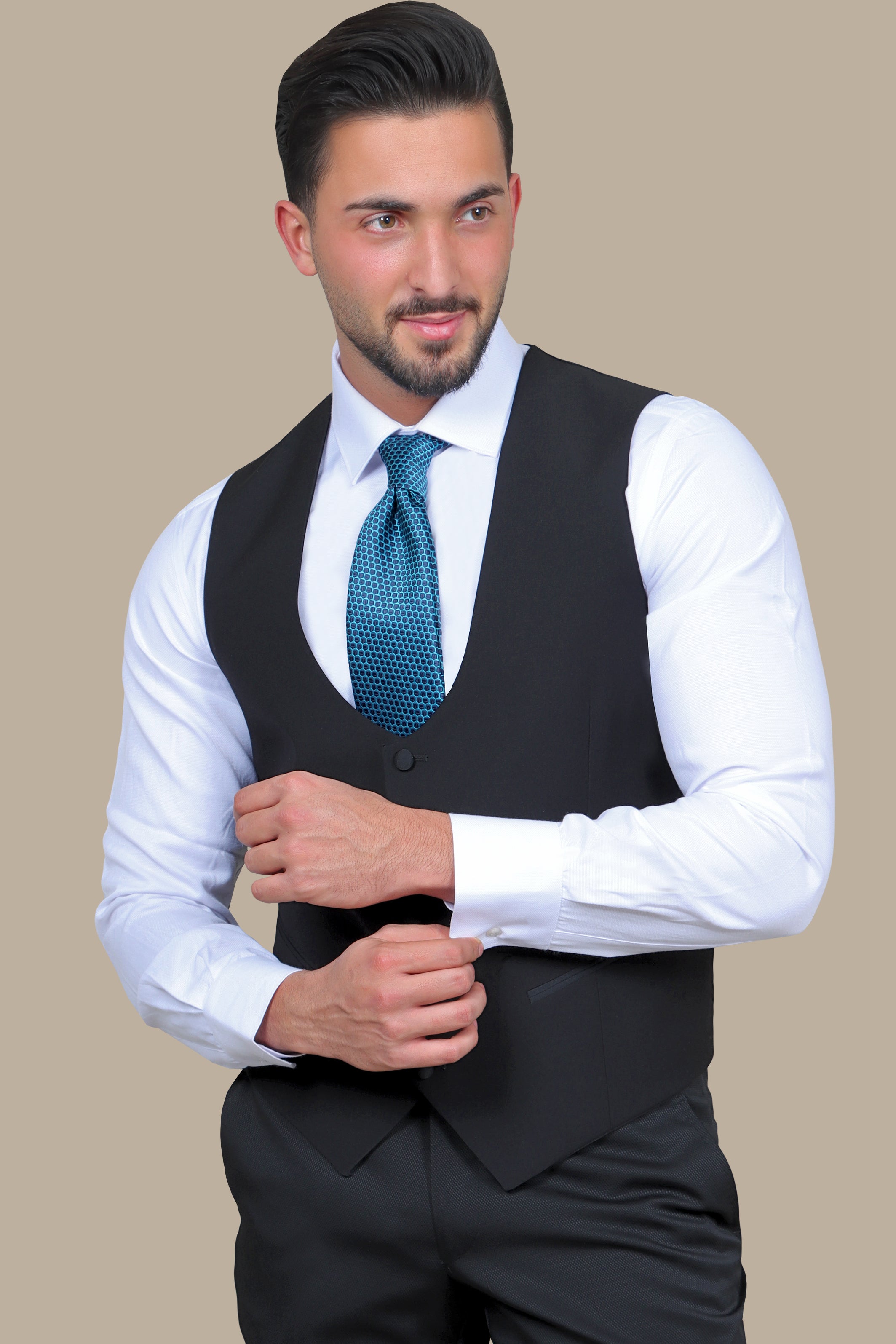 Classic Black R-Neck Vest: Sleek Sophistication