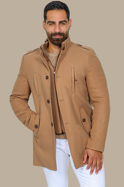 Beige Coat with Detachable Mao Collar