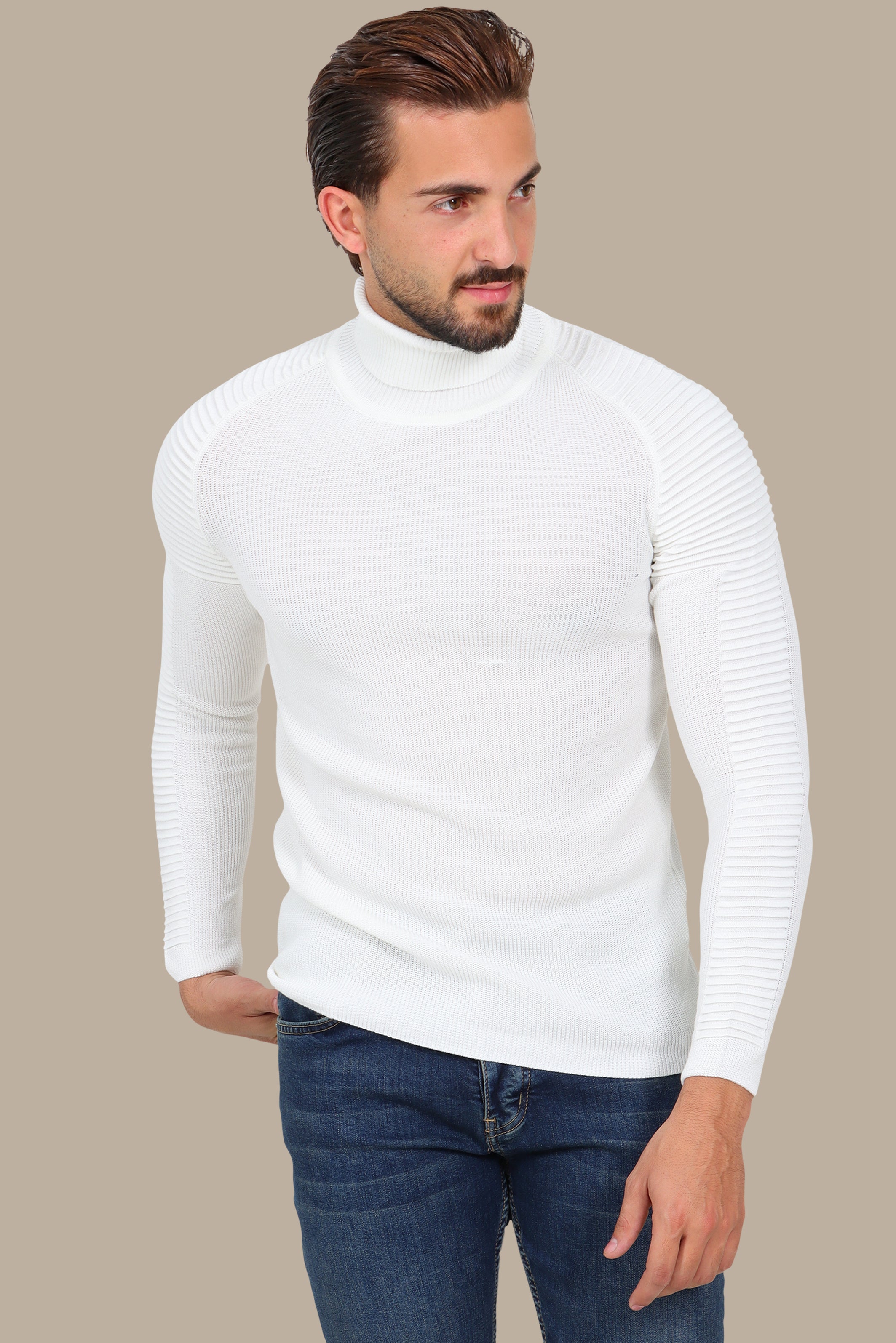 White Mercerized Turtle-Neck Sweater with Ribbed Shoulders
