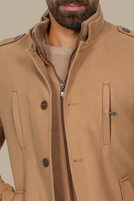 Beige Coat with Detachable Mao Collar