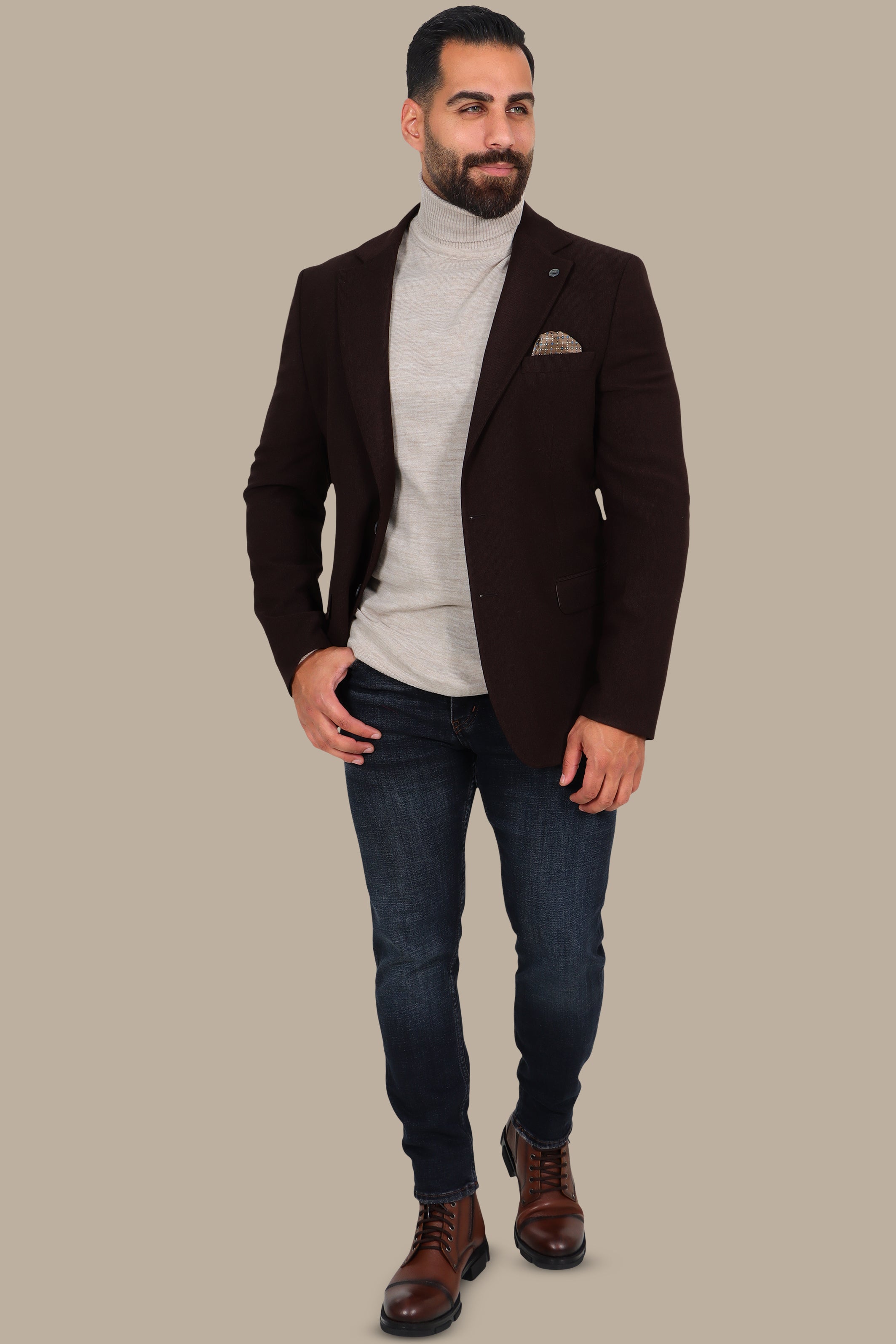 Brown Slim Corduroy Blazer with Notch Lapel