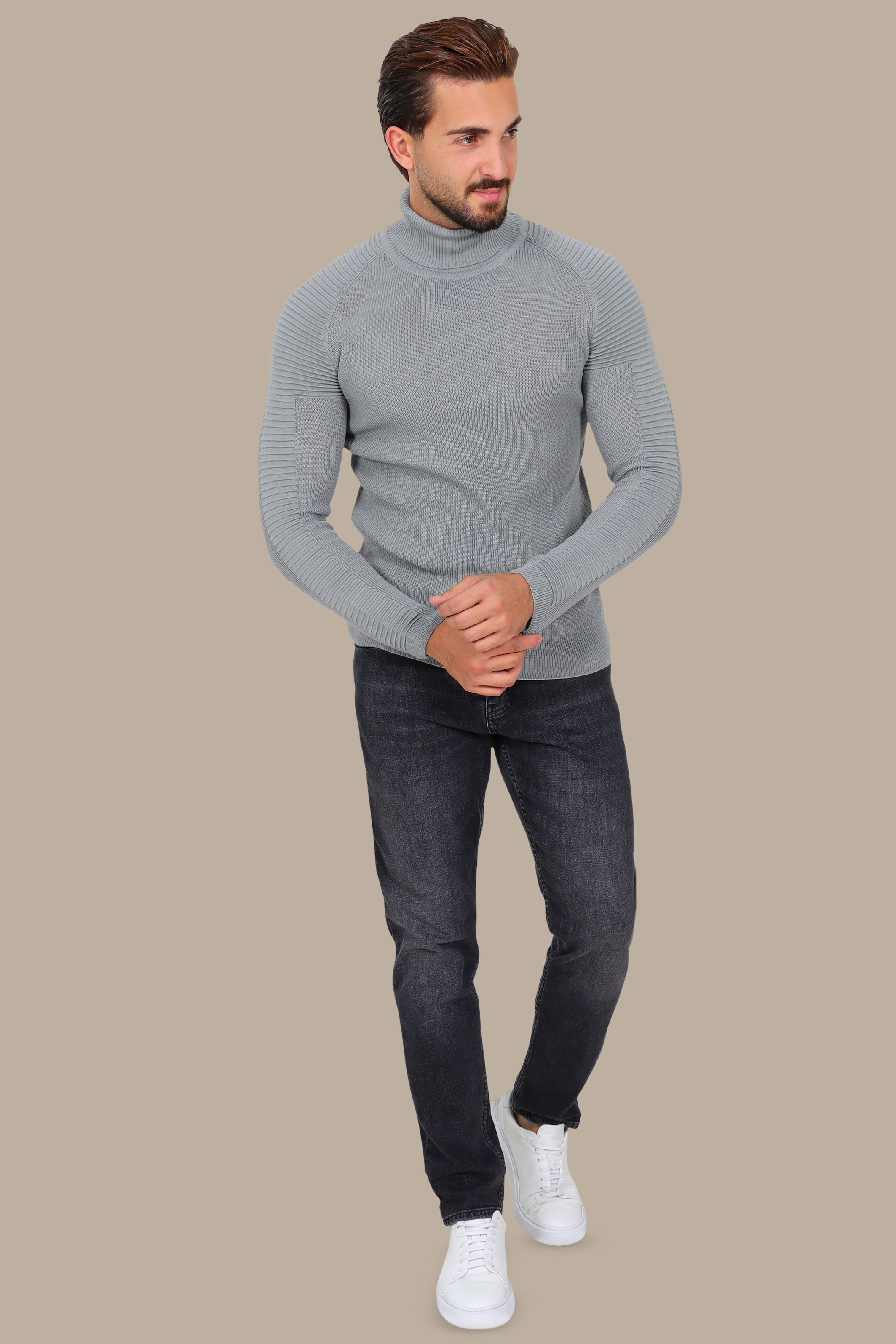 Grey Mercerized Turtle-Neck Sweater with Ribbed Shoulders