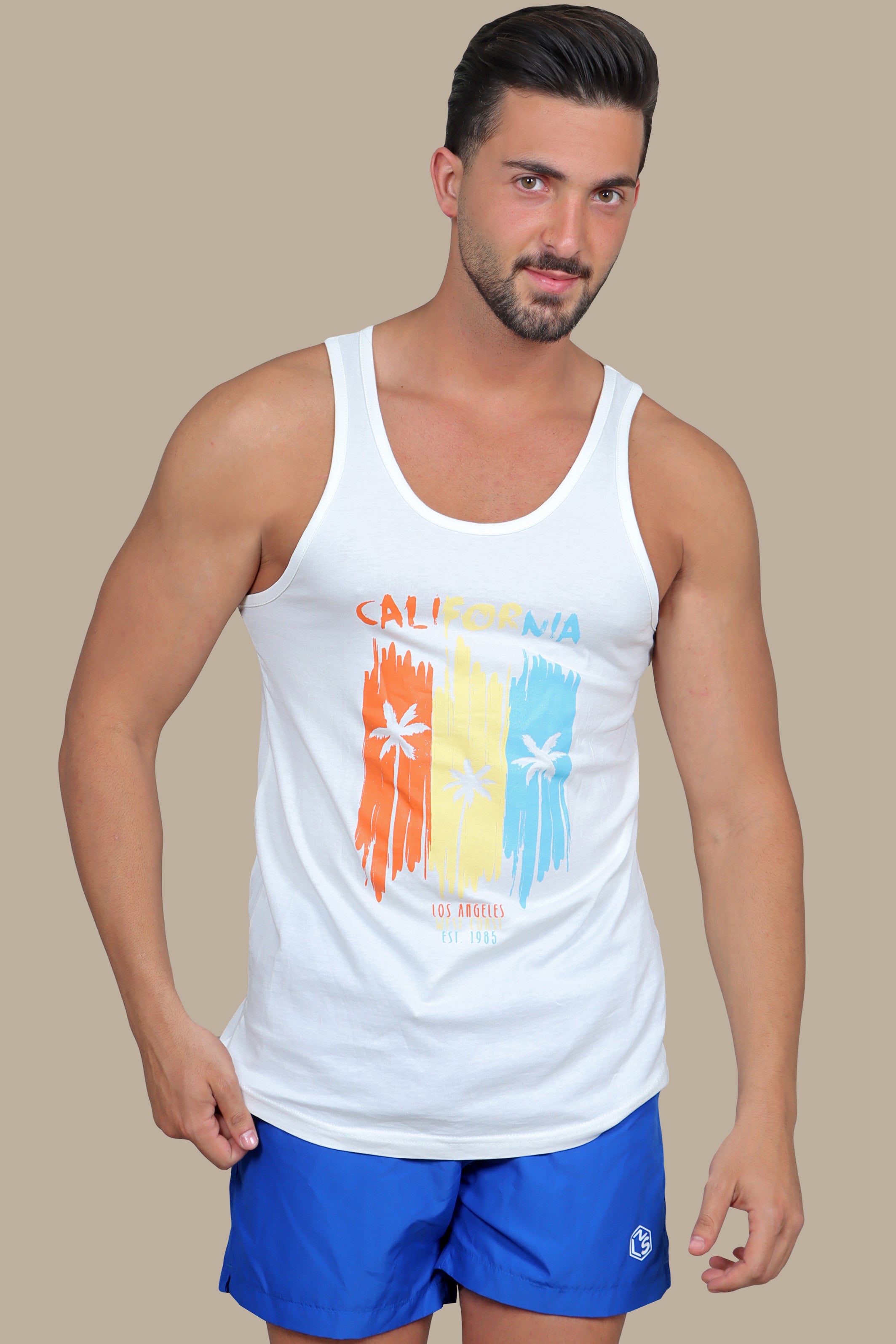 Three Palms Paradise: White Sleeveless Shirt