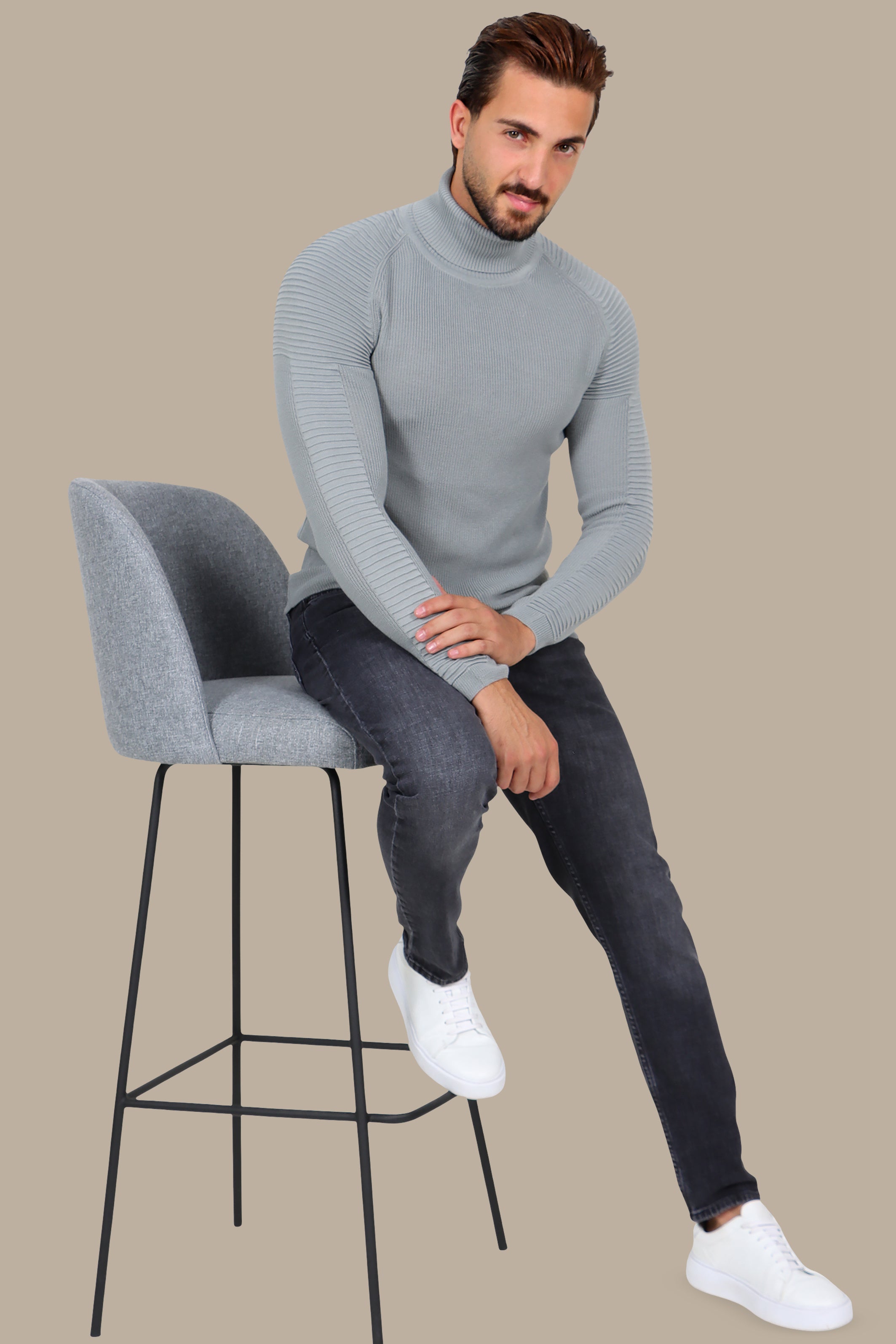 Grey Mercerized Turtle-Neck Sweater with Ribbed Shoulders