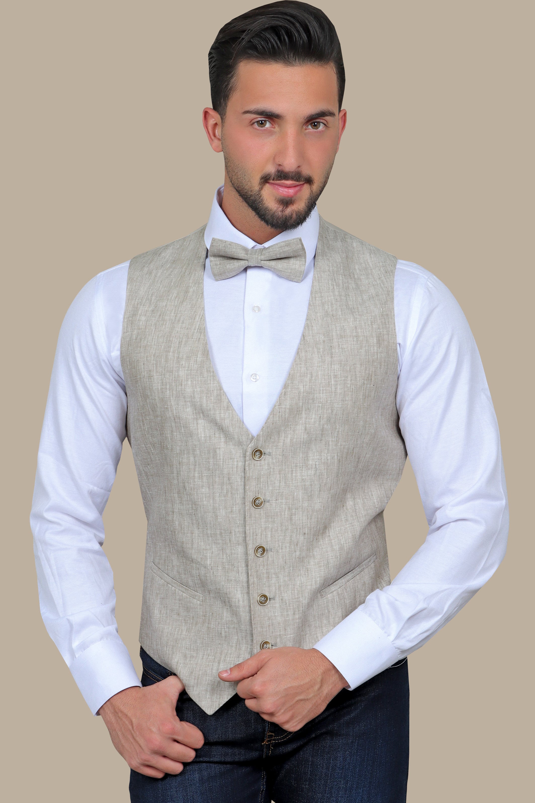 Effortless Sophistication: Beige Linen V-Neck Vest