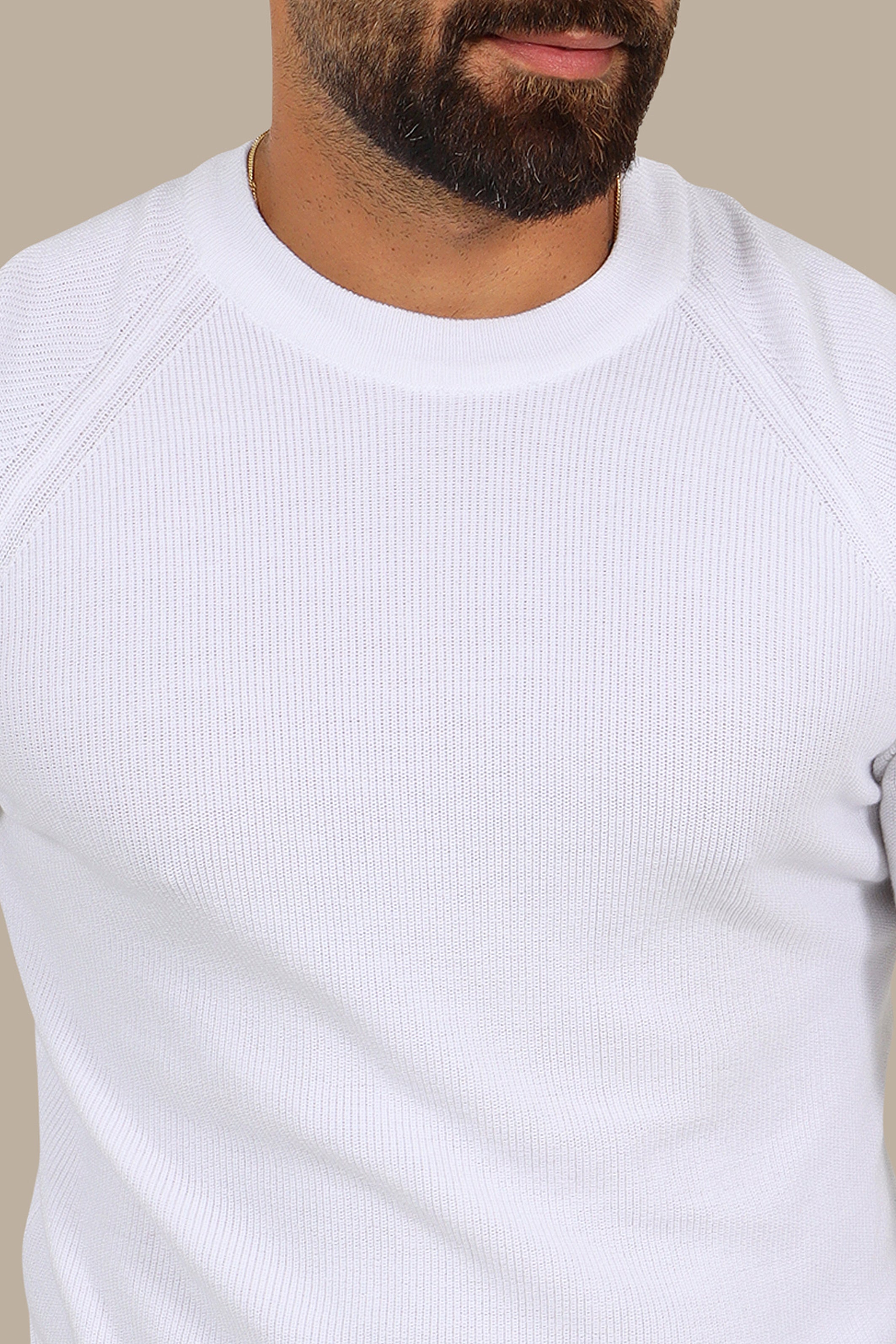 White Round Neck Sweater with Shoulder Cup