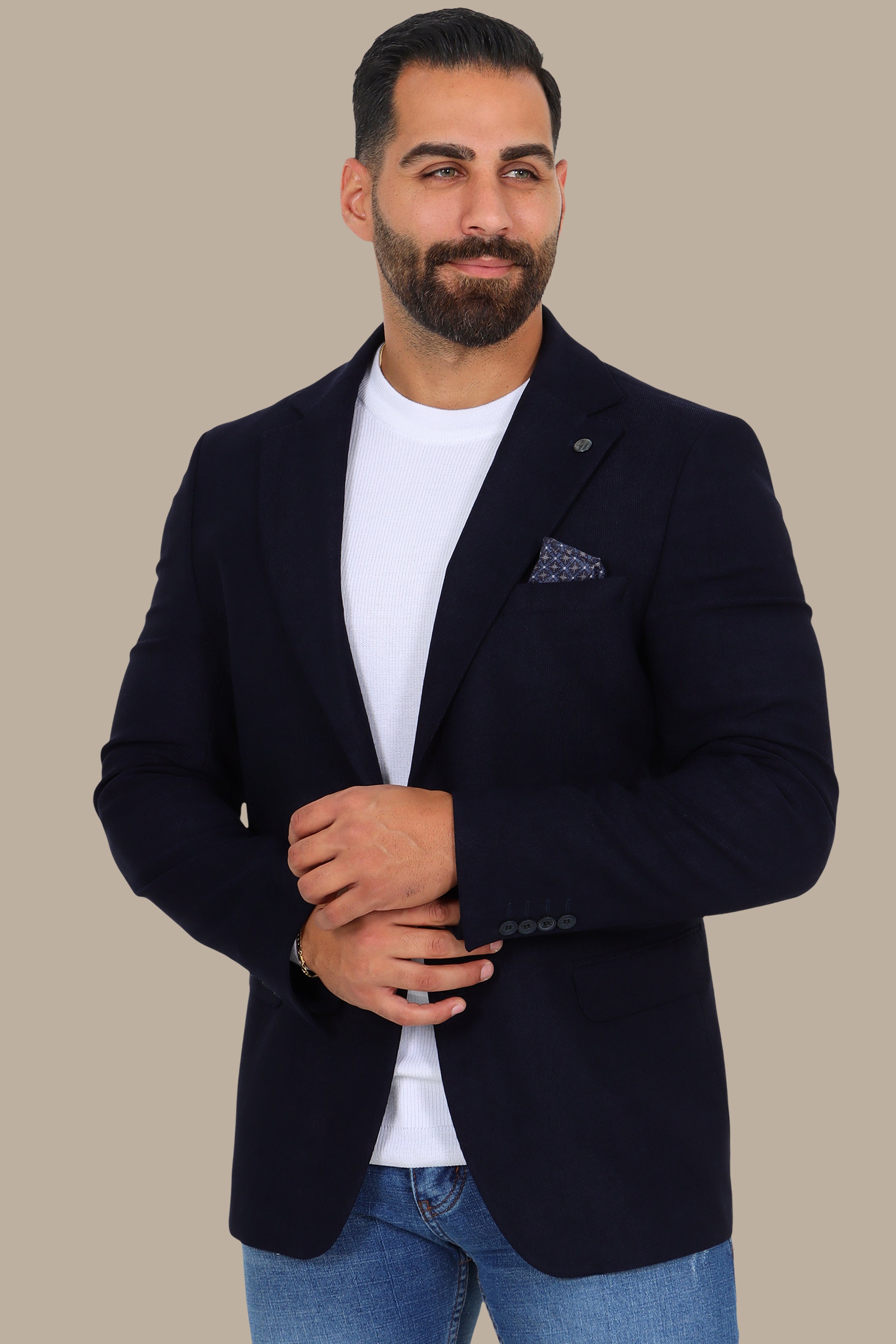 Slim Corduroy Blazer with Notch Lapel in Navy