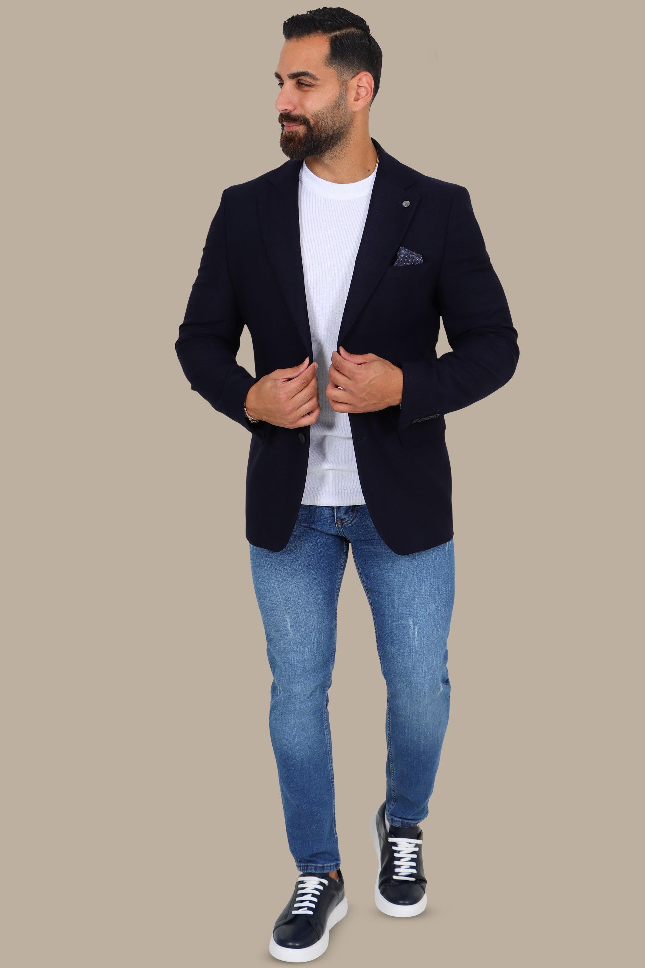 Slim Corduroy Blazer with Notch Lapel in Navy