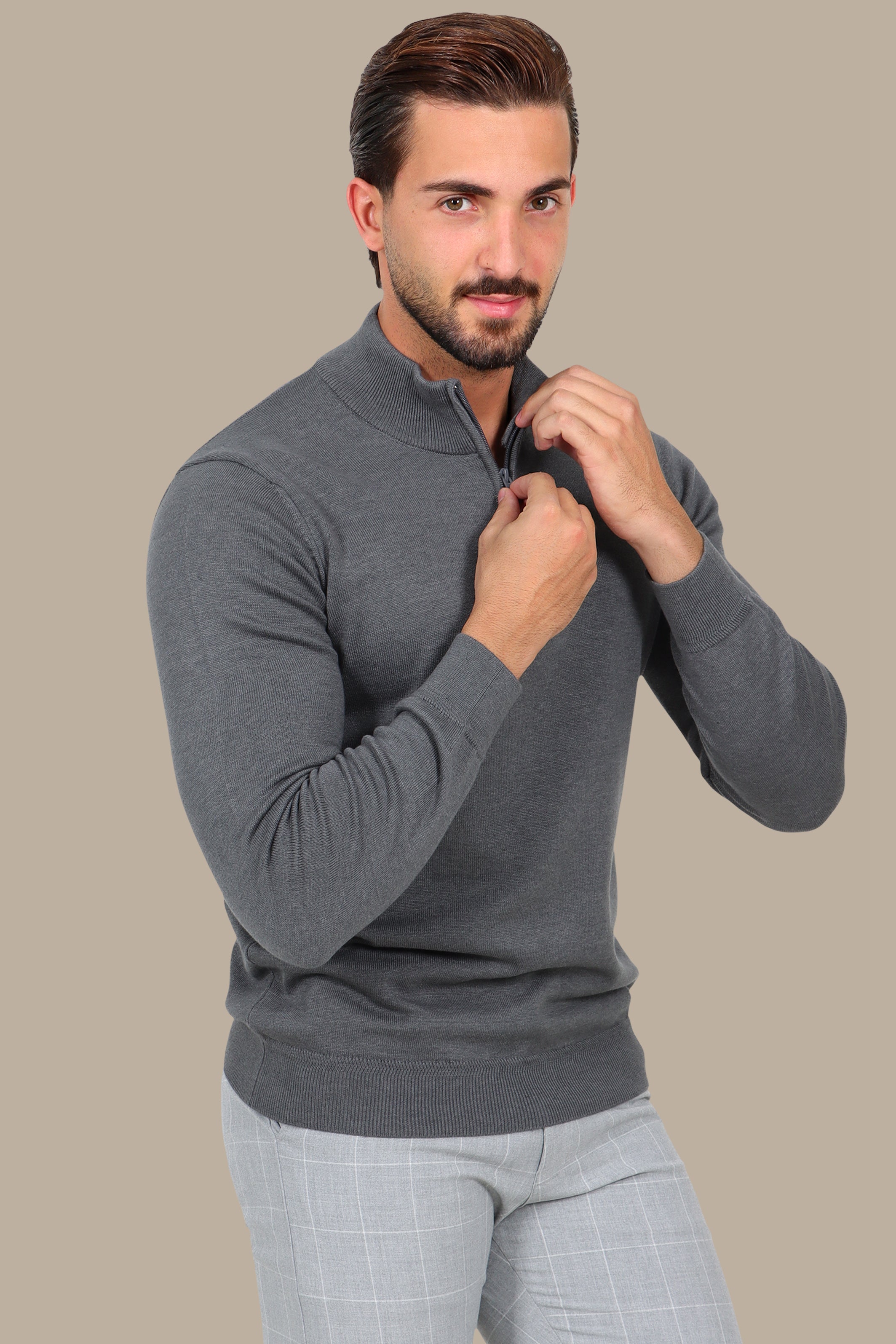 Grey Cotton Sweater with Half Zipper